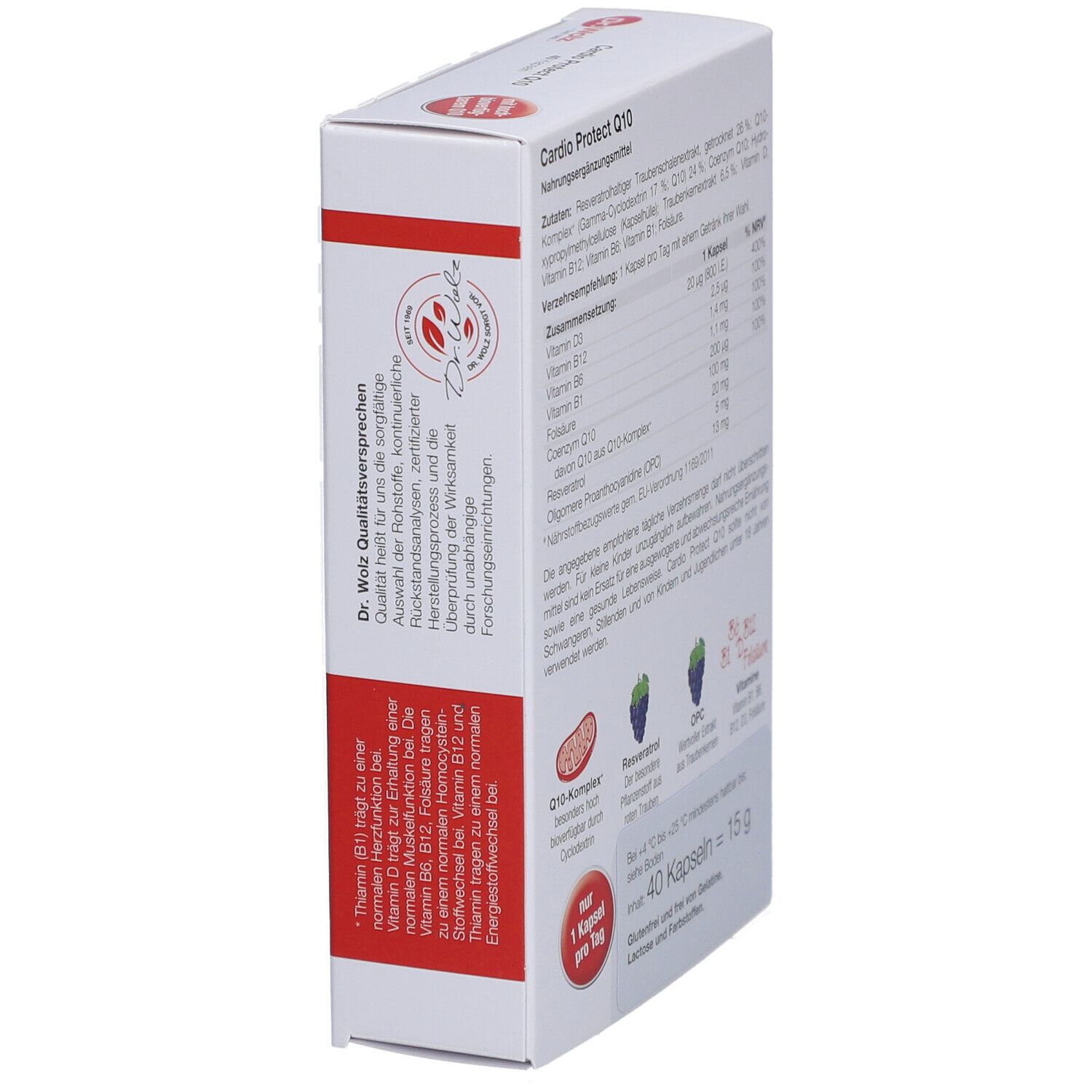 Schräg gestellte weiße Kartonverpackung. Text über Nährwertangaben und Inhaltsstoffe. 40 Kapseln, 15 g.