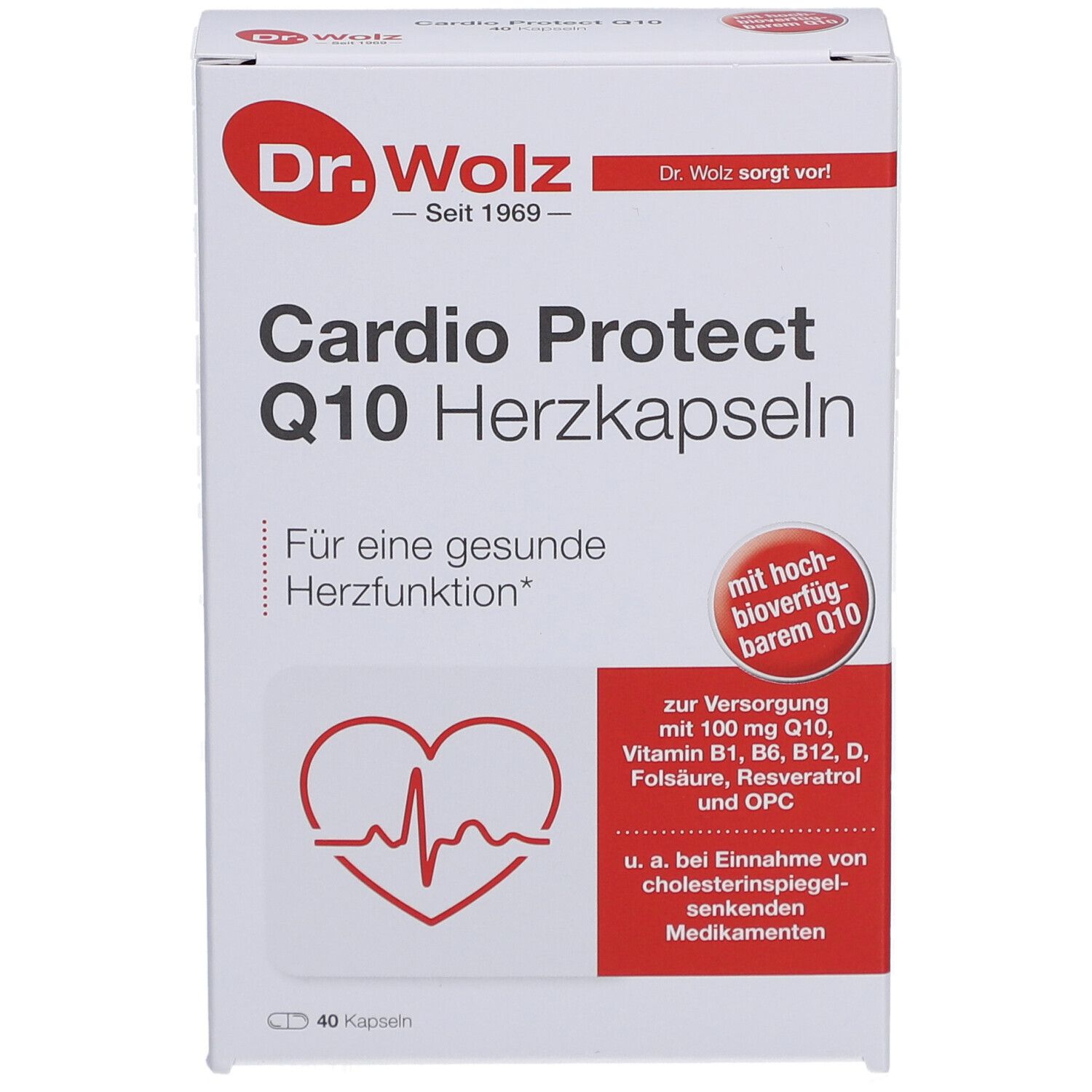 Weiße Kartonverpackung mit roter Schrift. "Dr. Wolz" und "Cardio Protect Q10 Herzkapseln" sind sichtbar. 40 Kapseln.