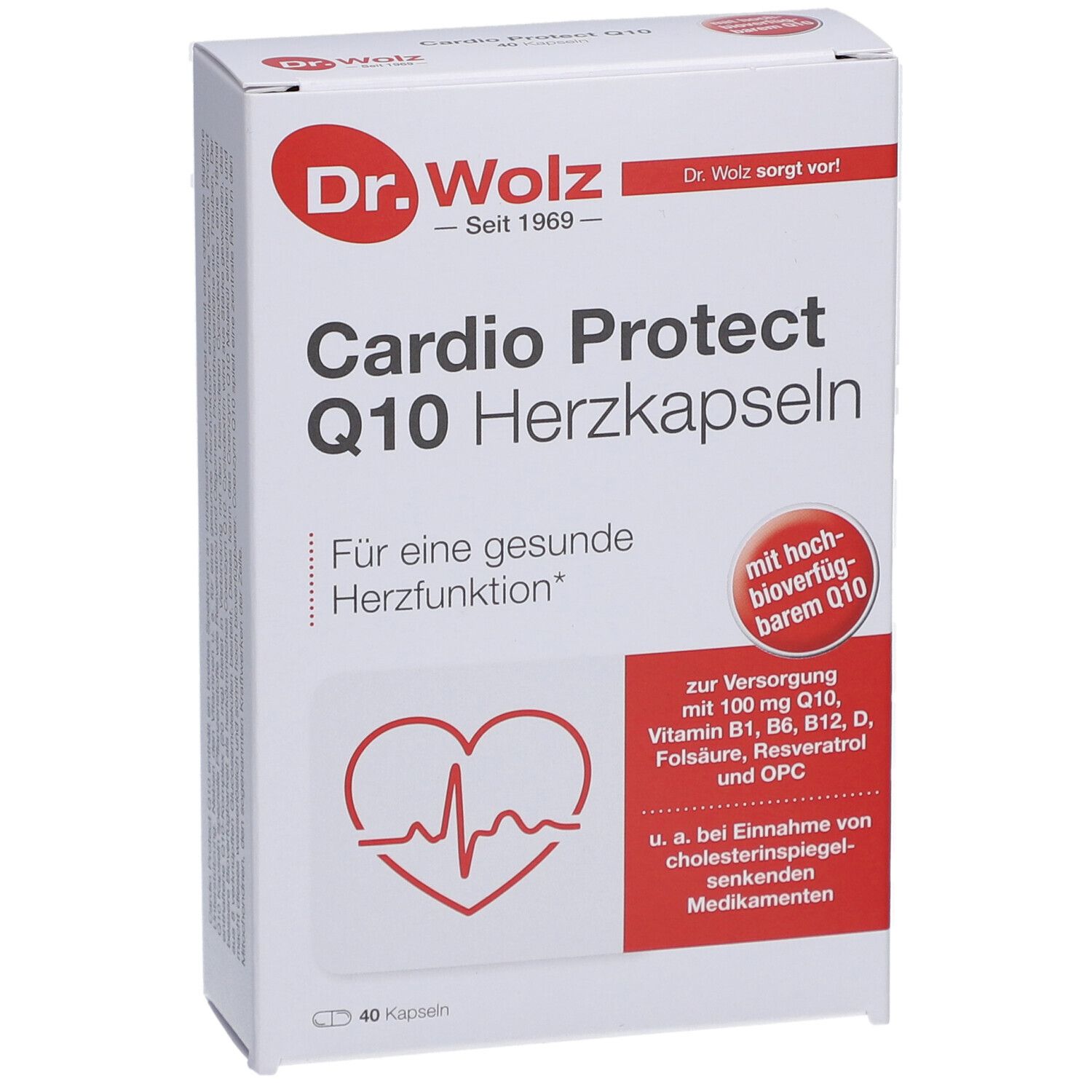 Weiße Kartonverpackung mit roter Schrift. "Dr. Wolz" und "Cardio Protect Q10 Herzkapseln" sind sichtbar. 40 Kapseln.