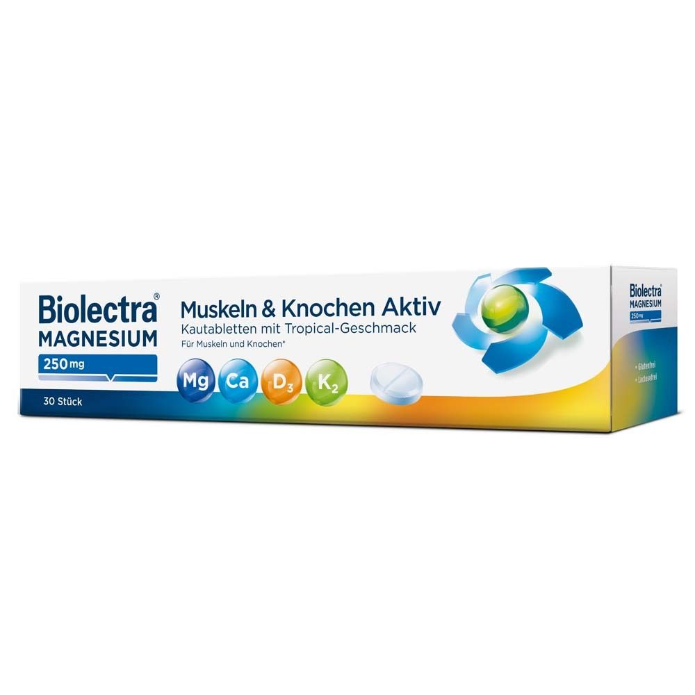 Biolectra Magnesium 250mg Muskeln & Knochen Aktiv. Packung mit 30 Tabletten. Enthält Mg, Ca, D3, K2. Tropischer Geschmack.