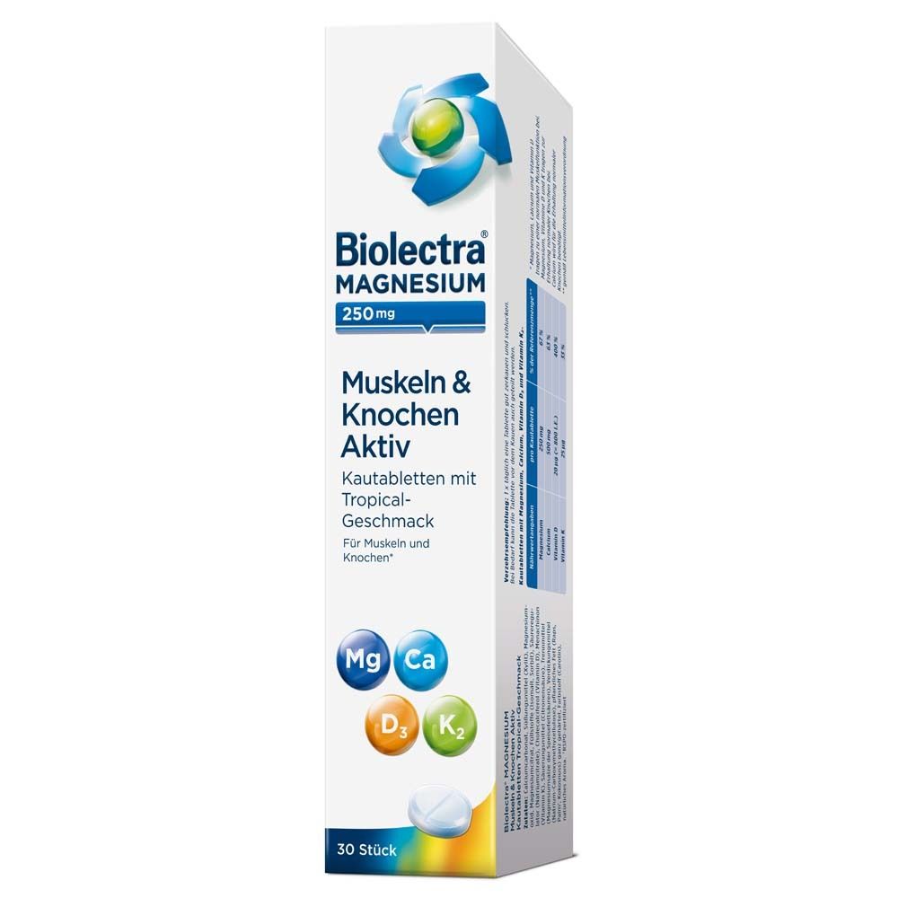 Biolectra Magnesium 250mg Muskeln & Knochen Aktiv. Packung. Enthält Mg, Ca, D3, K2. 30 Tabletten. Tropischer Geschmack.