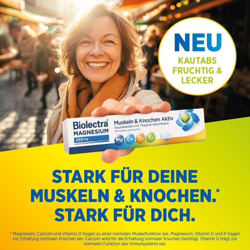 Frau hält Biolectra Magnesium 250mg. Packung mit 30 Tabletten. Text: Stark für Muskeln & Knochen. Fruchtig & lecker.