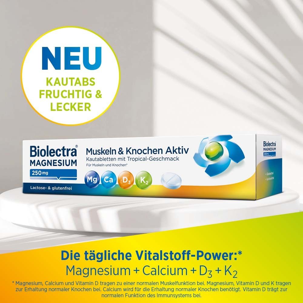 Biolectra Magnesium 250mg Muskeln & Knochen Aktiv. Packung. Enthält Mg, Ca, D3, K2. 30 Tabletten. Text: Fruchtig & lecker.