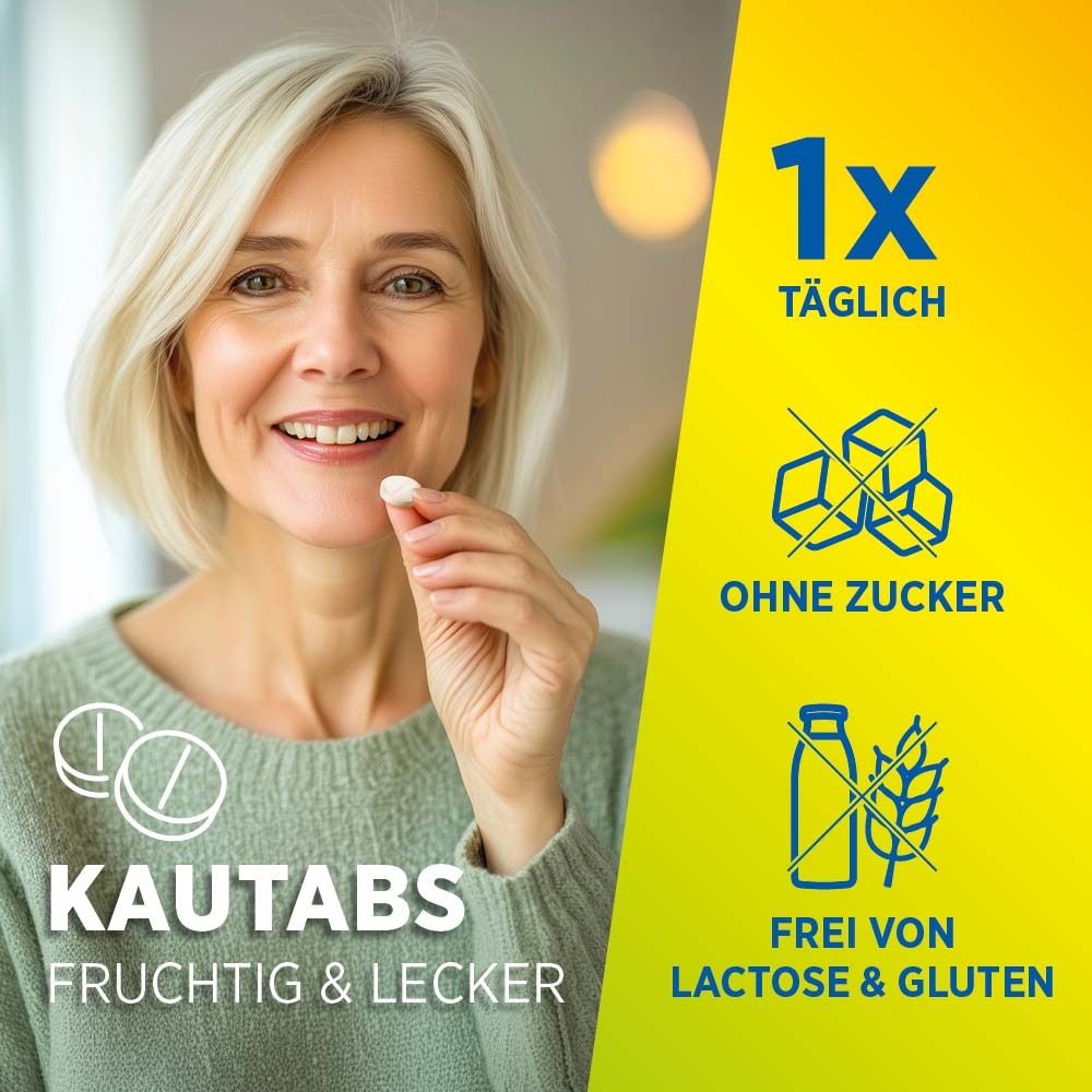 Frau nimmt Tablette. Text: Ohne Zucker, frei von Lactose & glutenfrei. Kautabs. Fruchtig & lecker.