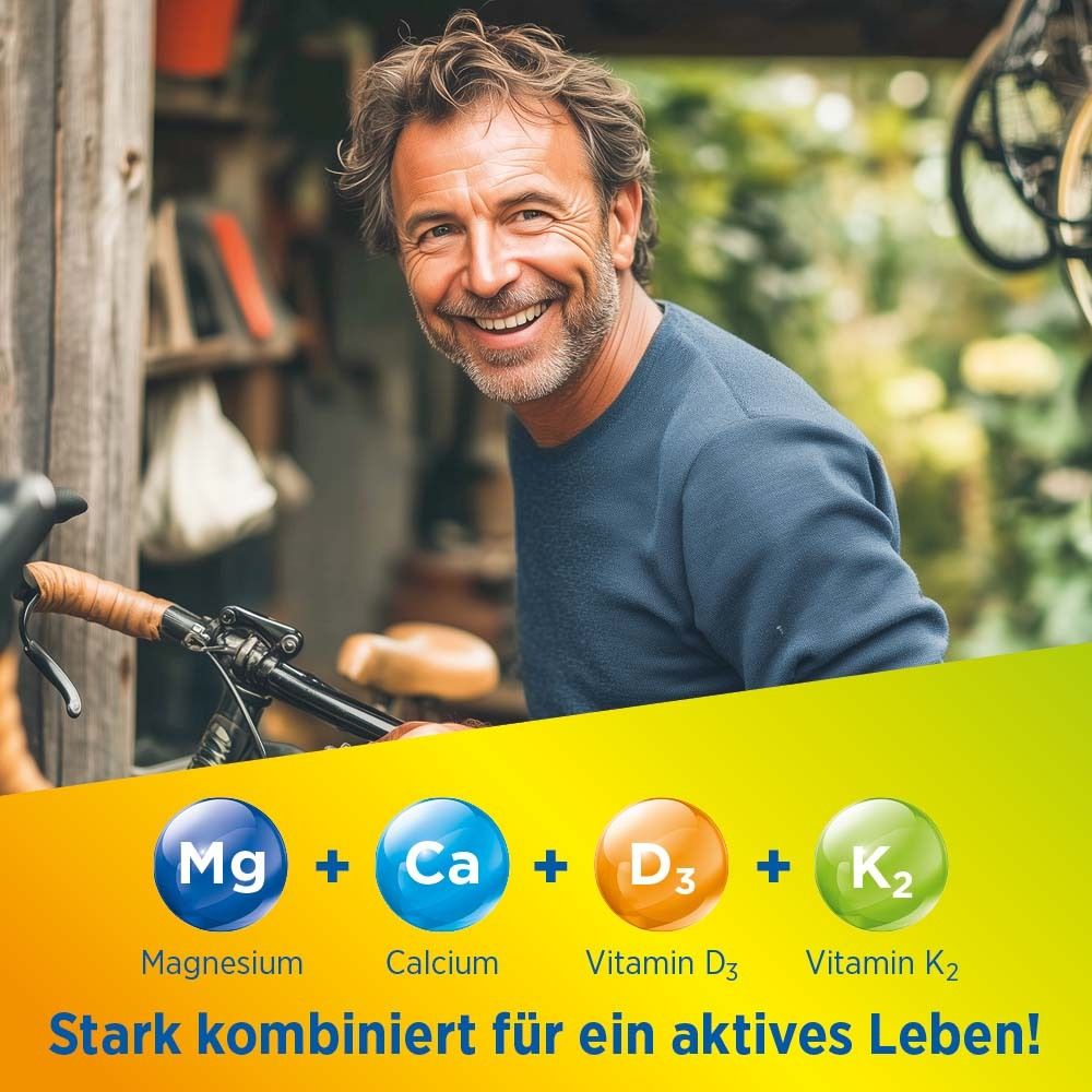 Mann mit Fahrrad. Text: Mg + Ca + D3 + K2. Stark kombiniert für ein aktives Leben!