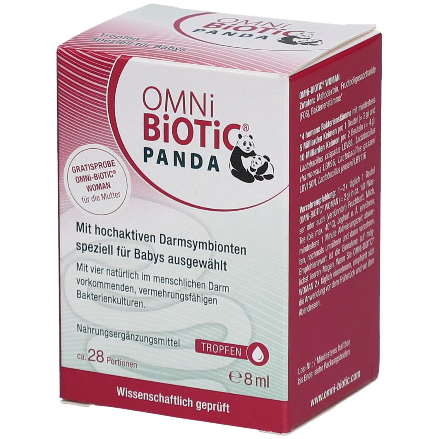OMNi-BiOTiC PANDA Tropfen-Verpackung. Rote und weiße Schachtel mit Produktnamen, Panda-Illustration und Text. Enthält ca. 28 Portionen.