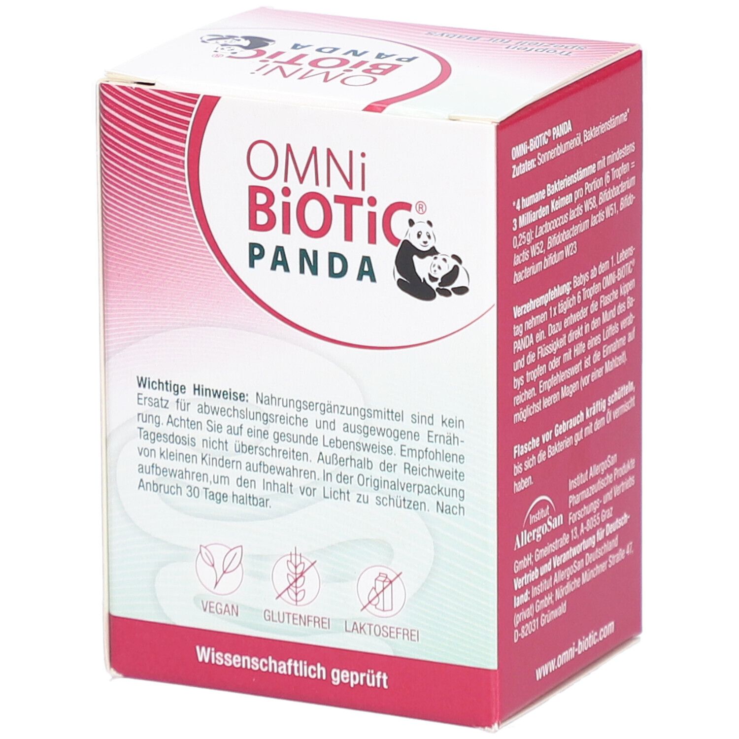 OMNi-BiOTiC PANDA Tropfen-Verpackung. Rote und weiße Schachtel mit Produktinformationen und Text. Vegan, glutenfrei, laktosefrei.