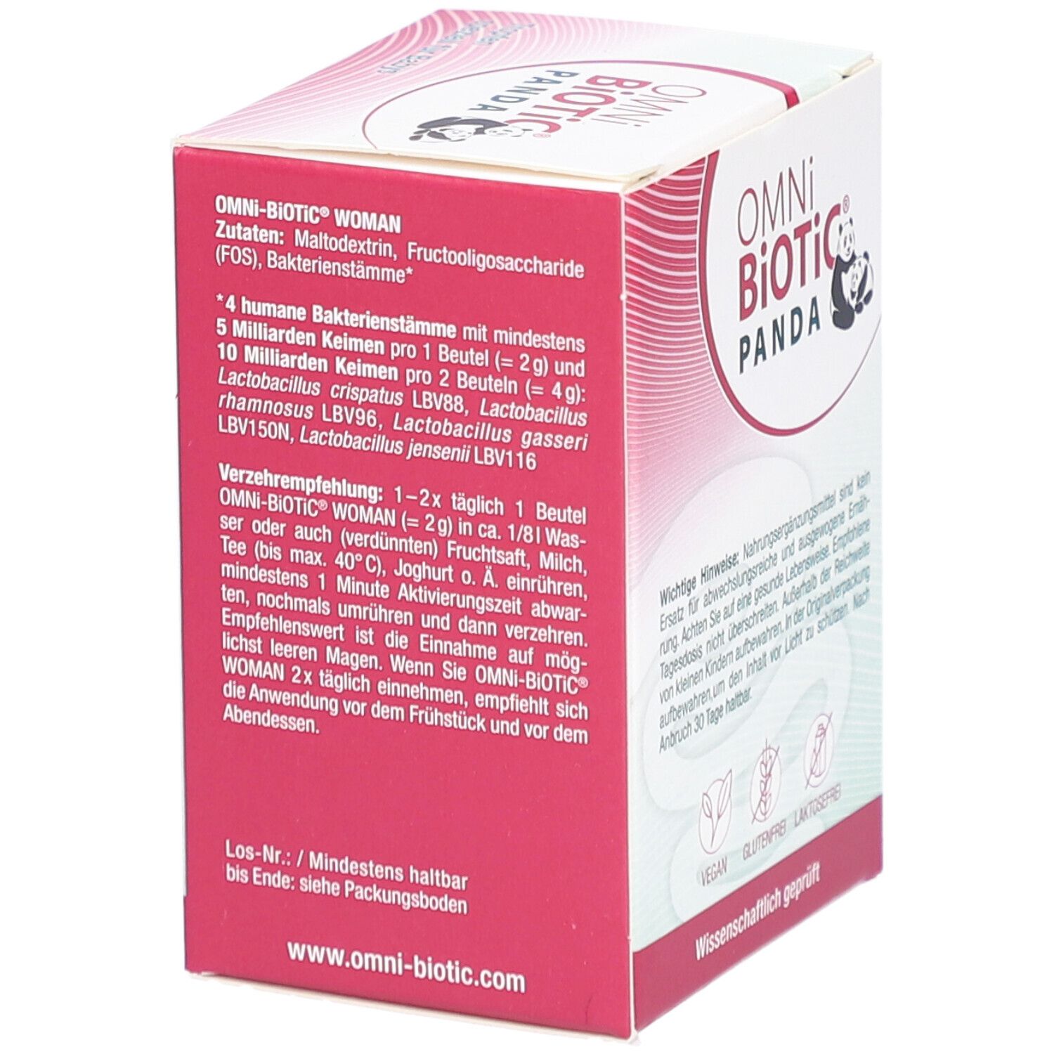 OMNi-BiOTiC PANDA WOMAN-Verpackung. Rote und weiße Schachtel mit Produktinformationen und Text. Vegan, glutenfrei, laktosefrei.