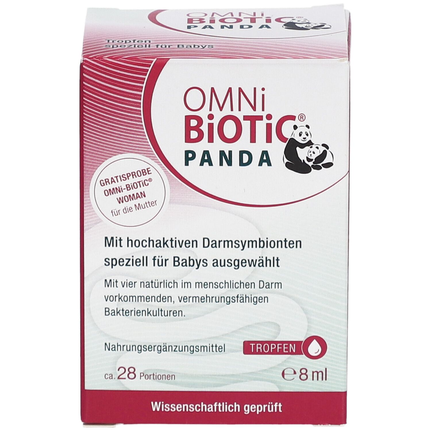 OMNi-BiOTiC PANDA Tropfen-Verpackung. Rote und weiße Schachtel mit Produktnamen, Panda-Illustration und Text. Enthält ca. 28 Portionen.
