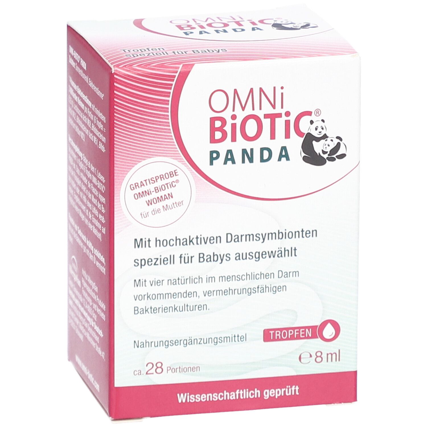 OMNi-BiOTiC PANDA Tropfen-Verpackung. Rote und weiße Schachtel mit Produktnamen, Panda-Illustration und Text. Enthält ca. 28 Portionen.