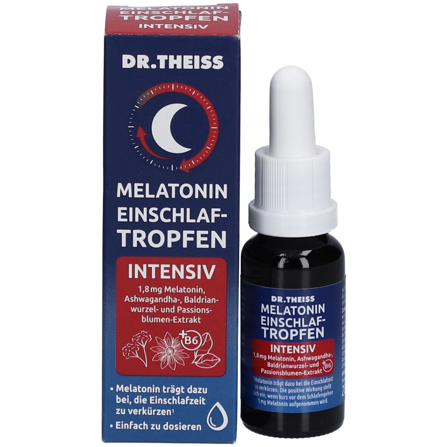 Produkt und Verpackung. Braune Flasche mit weißem Tropfer und blaue Schachtel. Text: Dr. Theiss Melatonin Einschlaf-Tropfen intensiv.