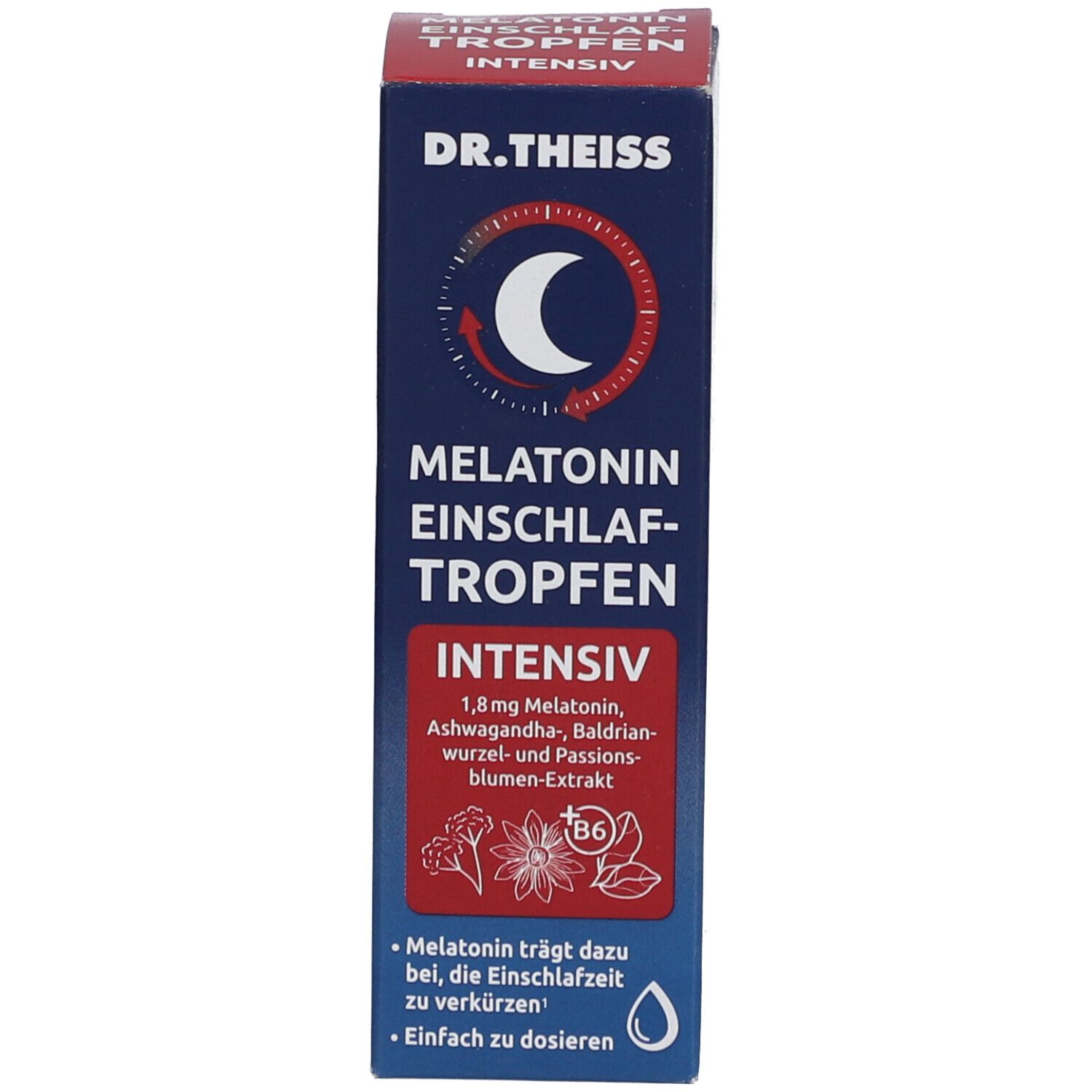 Blaue Schachtel mit Text: Dr. Theiss Melatonin Einschlaf-Tropfen intensiv. Mond- und Stern-Symbol.