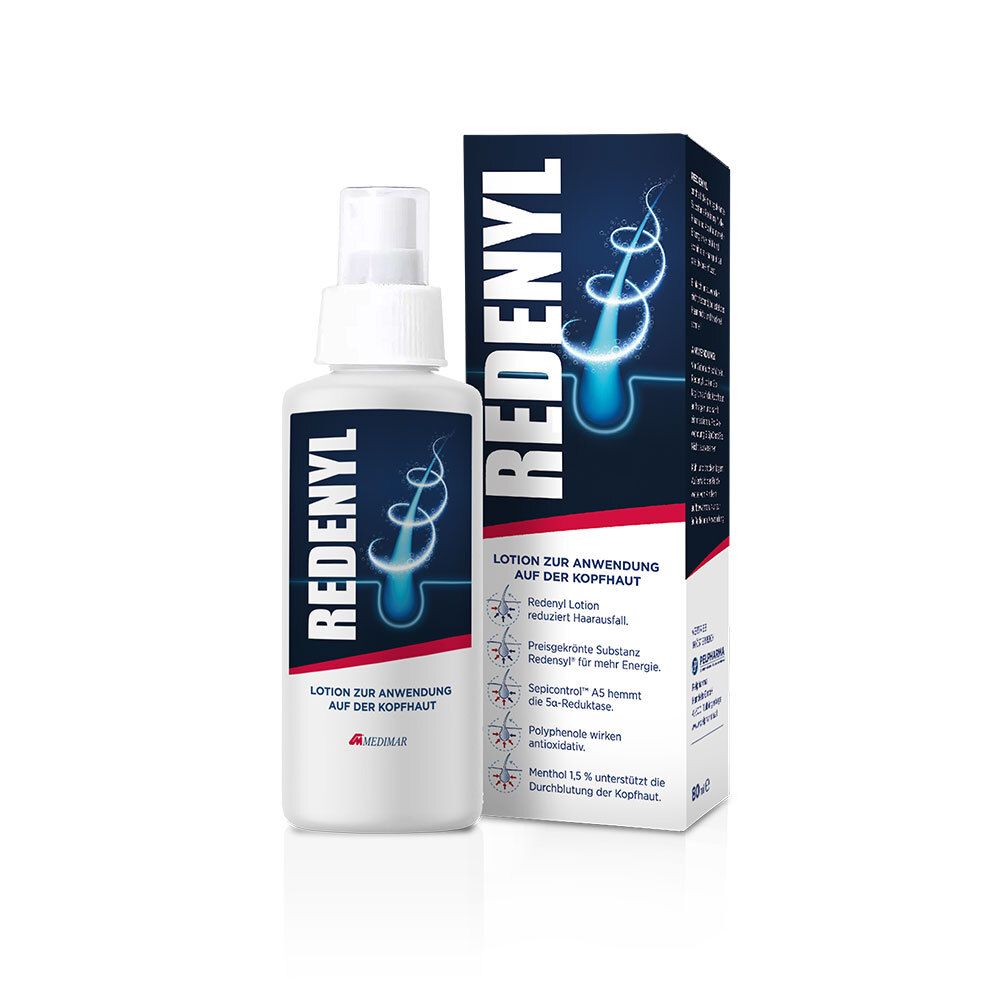 Weiße Flasche mit Sprühkopf und Verpackung. Aufschrift: Redenyl. Lotion zur Anwendung auf der Kopfhaut.