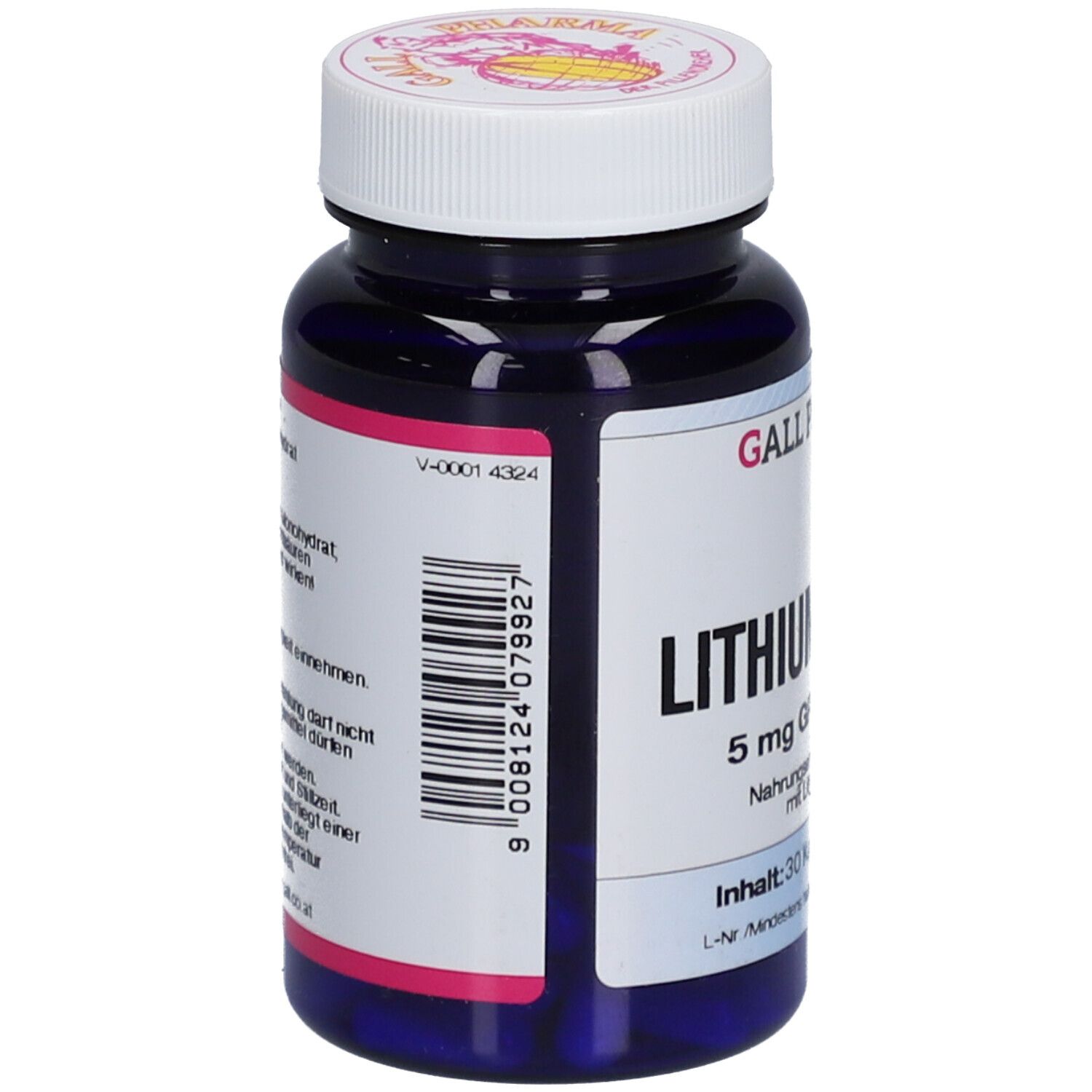 Flacon bleu avec bouchon blanc. Inscription: Lithiumorotat 5 mg GPH Kapseln. Code-barres.