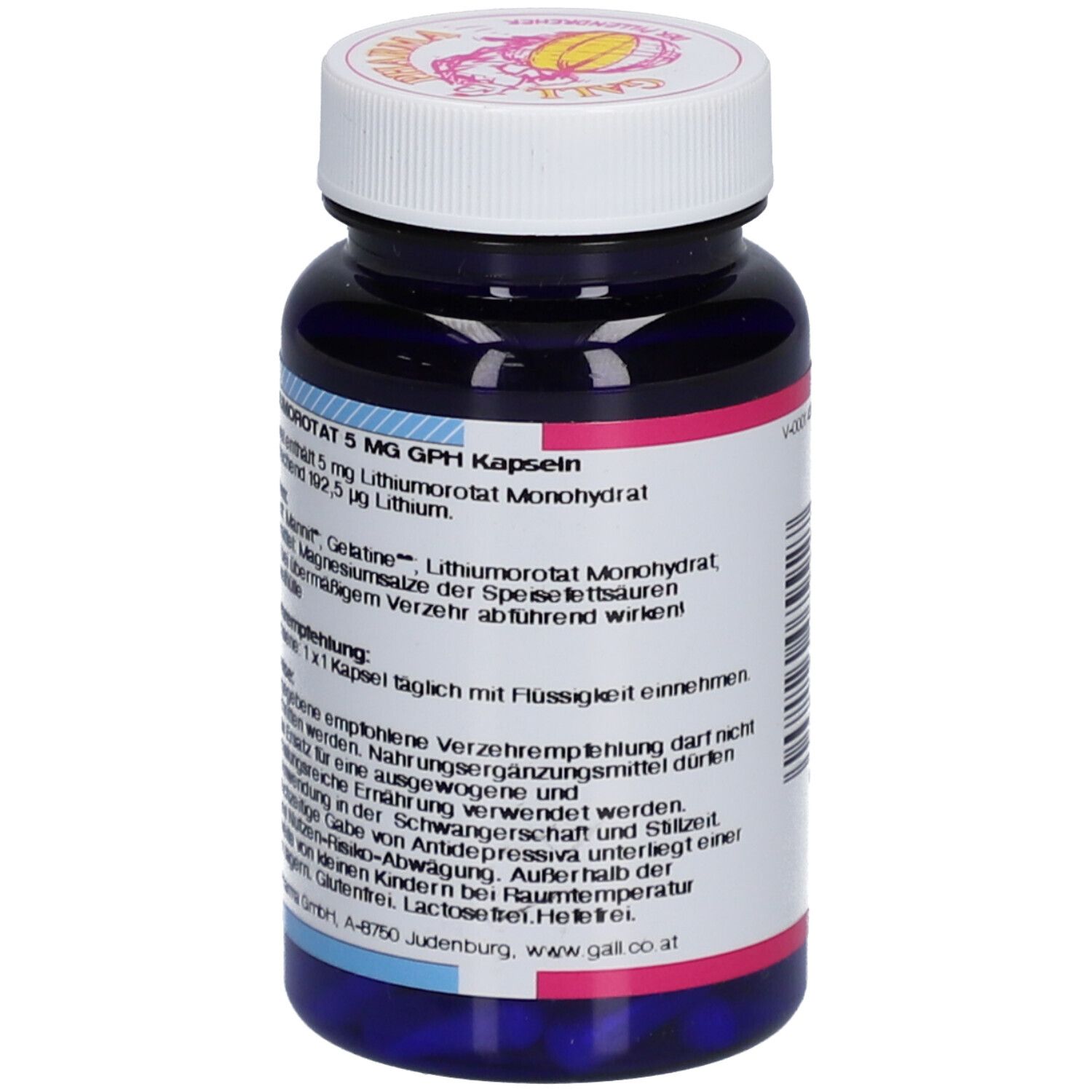Flacon bleu avec bouchon blanc. Inscription: Lithiumorotat 5 mg GPH Kapseln. Texte avec ingrédients et utilisation.