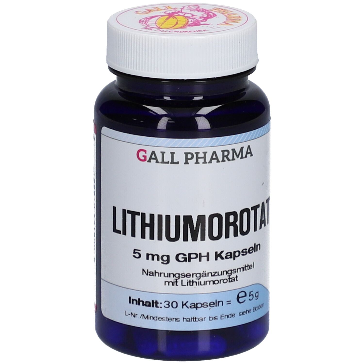 Flacon bleu avec bouchon blanc. Inscription: Lithiumorotat 5 mg GPH Kapseln. 30 gélules.