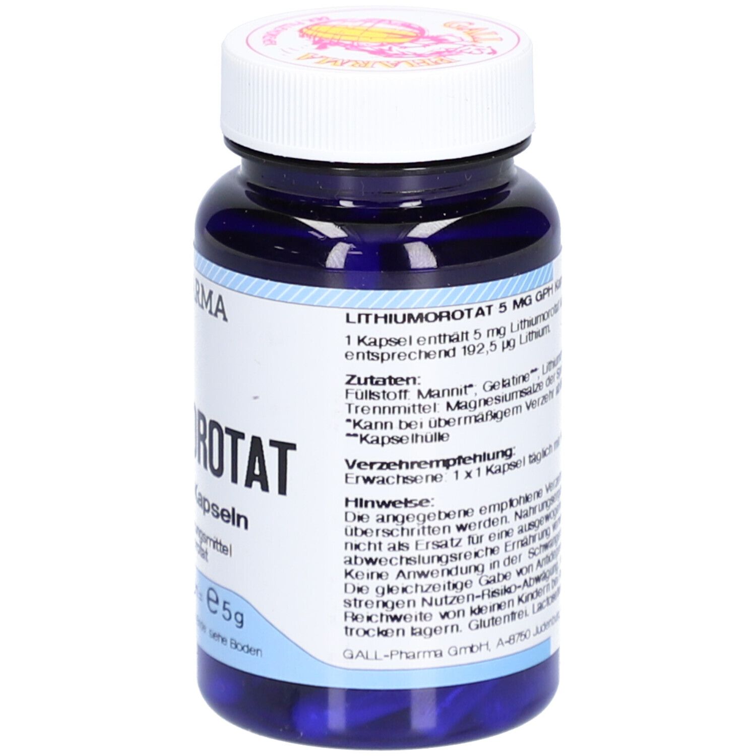 Flacon bleu avec bouchon blanc. Inscription: Lithiumorotat 5 mg GPH Kapseln. Texte avec ingrédients et utilisation.