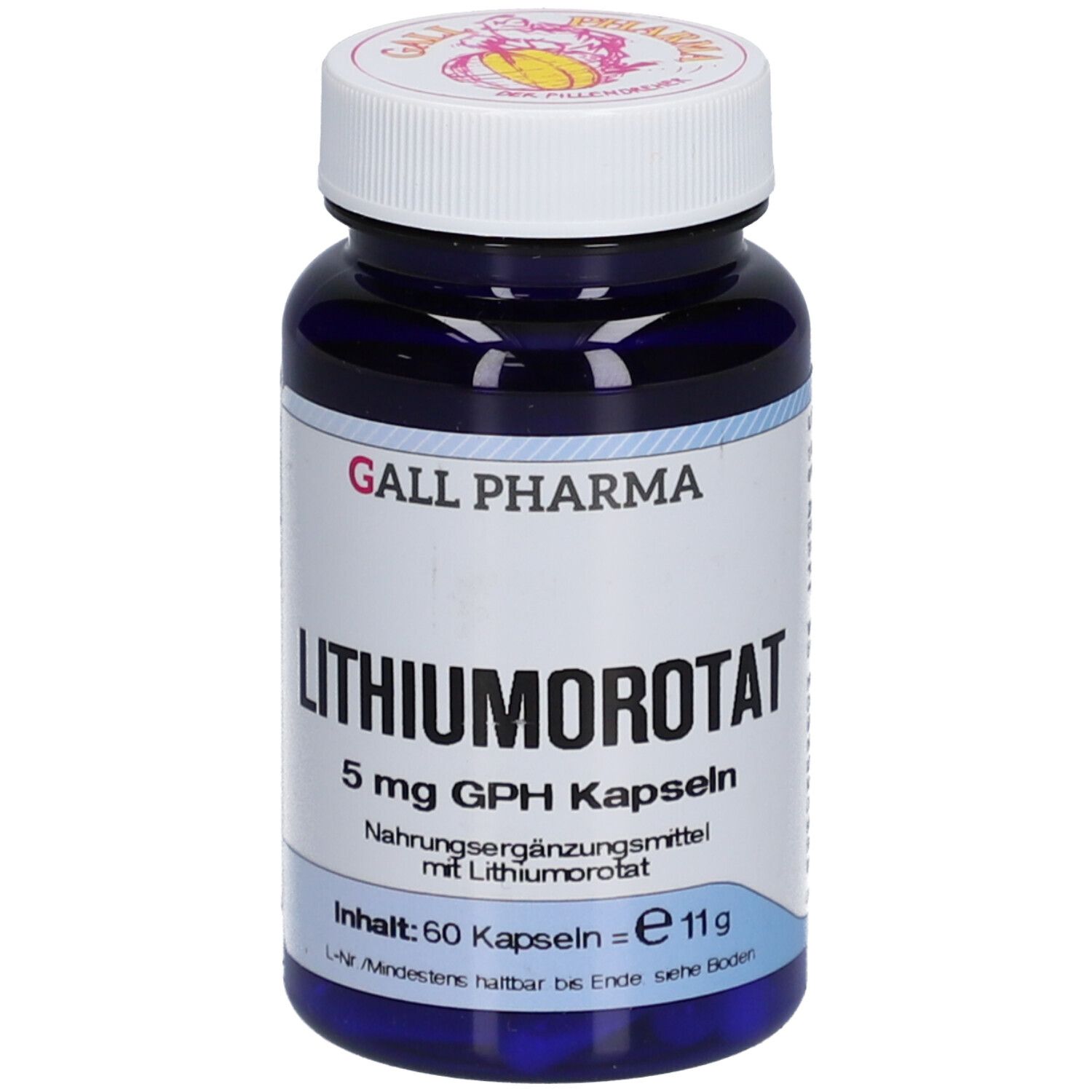 Blaue Flasche mit weißen Deckel. Aufschrift: GALL PHARMA, LITHIUMOROTAT 5 mg GPH Kapseln. Inhalt: 60 Kapseln.