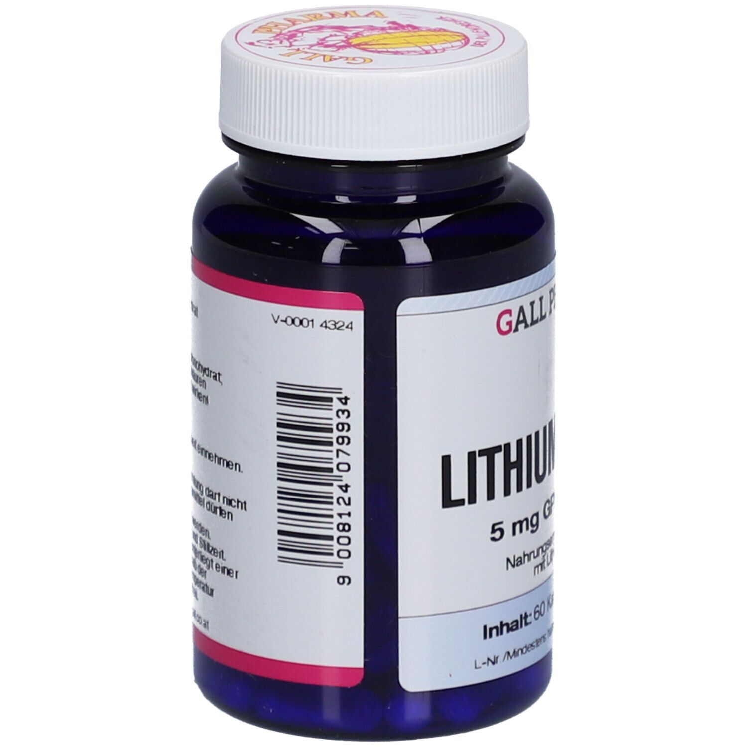 Blaue Flasche mit weißem Deckel. Aufschrift: GALL PHARMA, LITHIUMOROTAT 5 mg GPH Kapseln. Barcode und weitere Informationen.