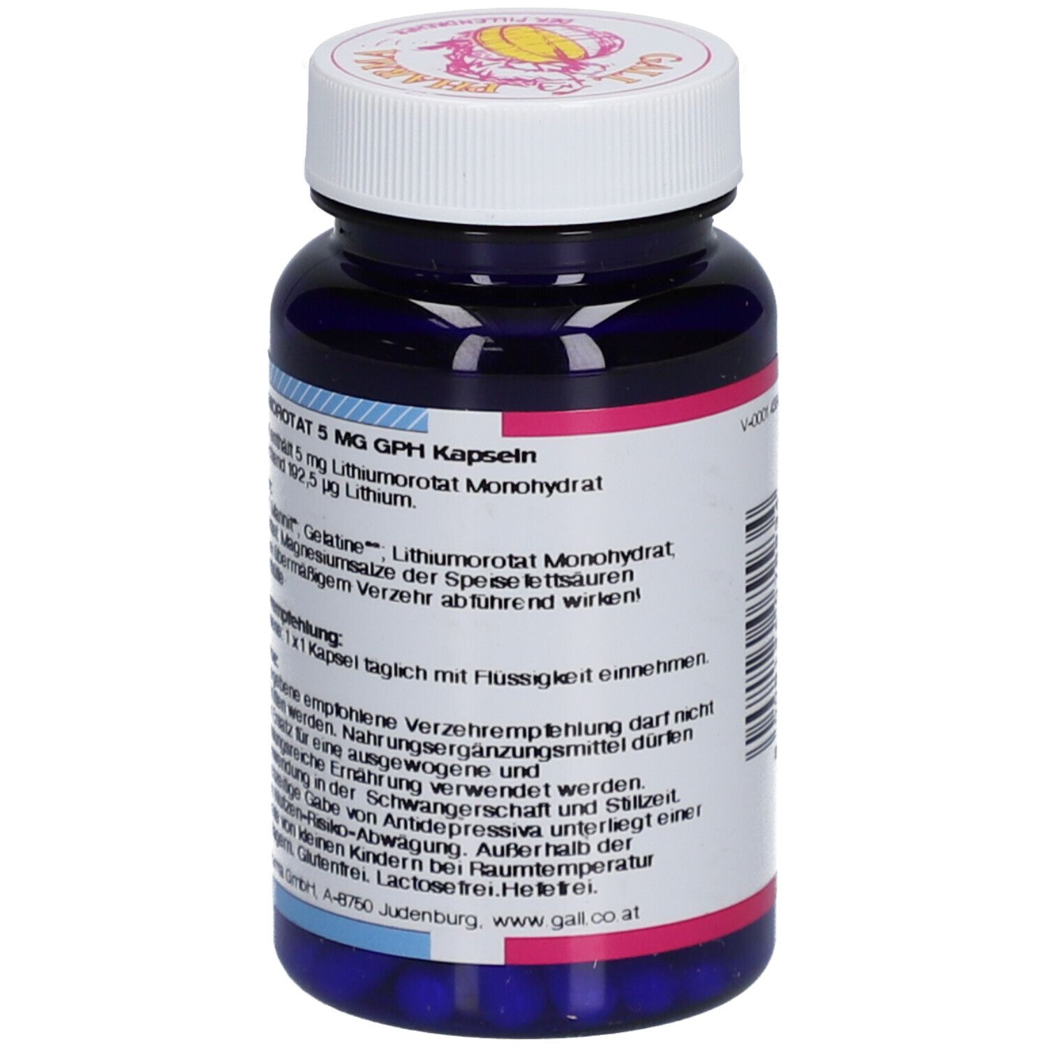 Blaue Flasche mit weißem Deckel. Aufschrift: GALL PHARMA, LITHIUMOROTAT 5 mg GPH Kapseln. Rückseite mit Text.