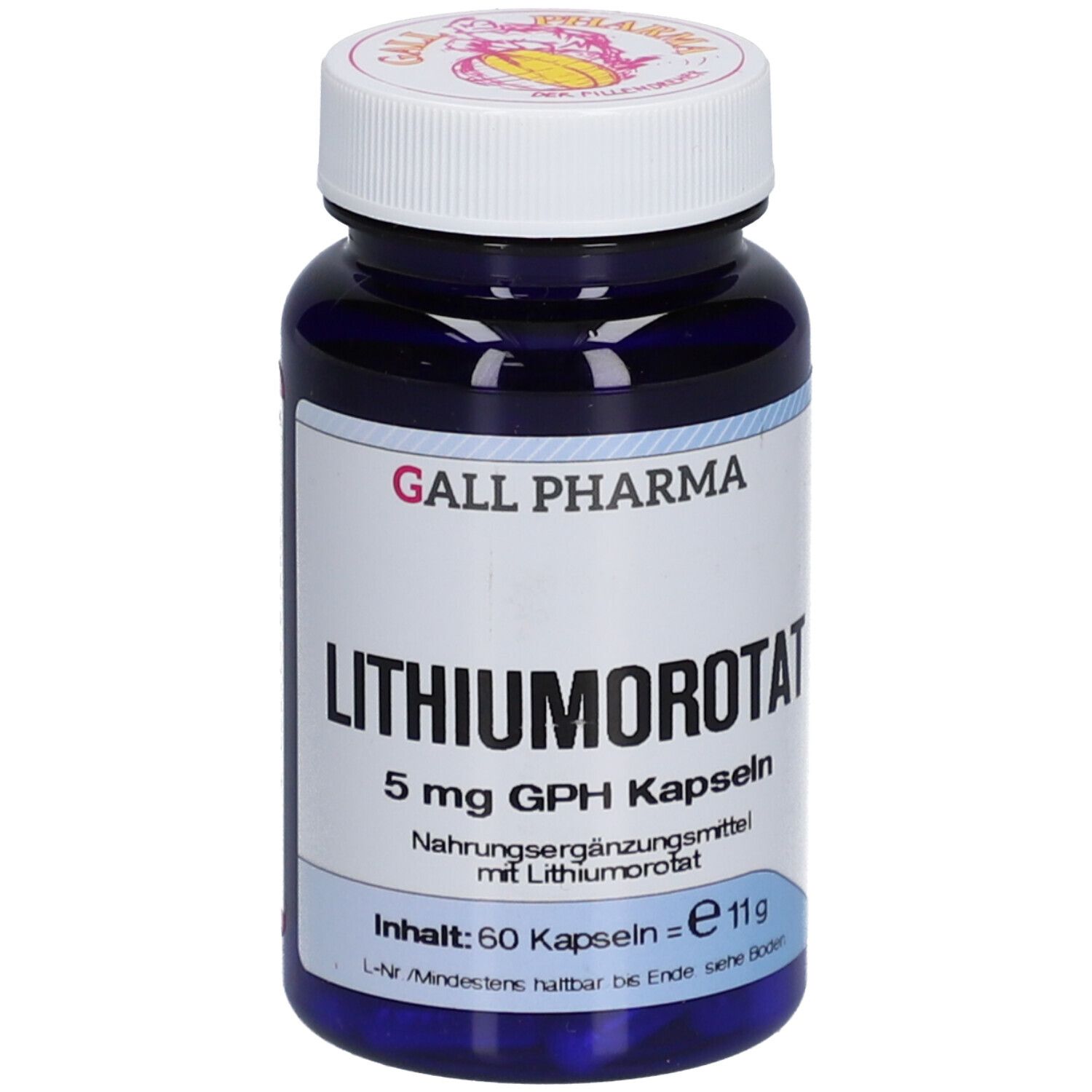 Blaue Flasche mit weißem Deckel. Aufschrift: GALL PHARMA, LITHIUMOROTAT 5 mg GPH Kapseln. Inhalt: 60 Kapseln.
