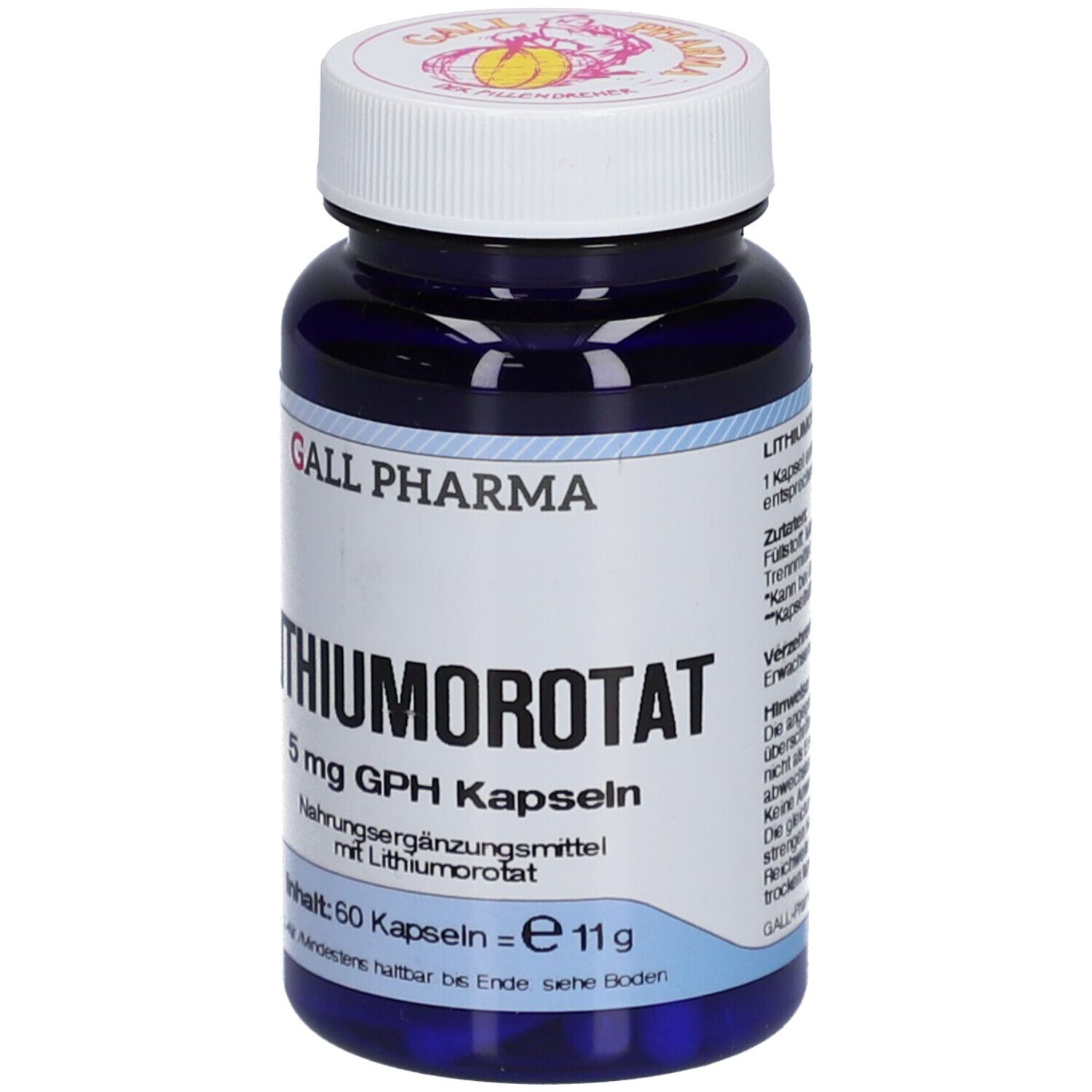 Blaue Flasche mit weißem Deckel. Aufschrift: GALL PHARMA, LITHIUMOROTAT 5 mg GPH Kapseln. Inhalt: 60 Kapseln.
