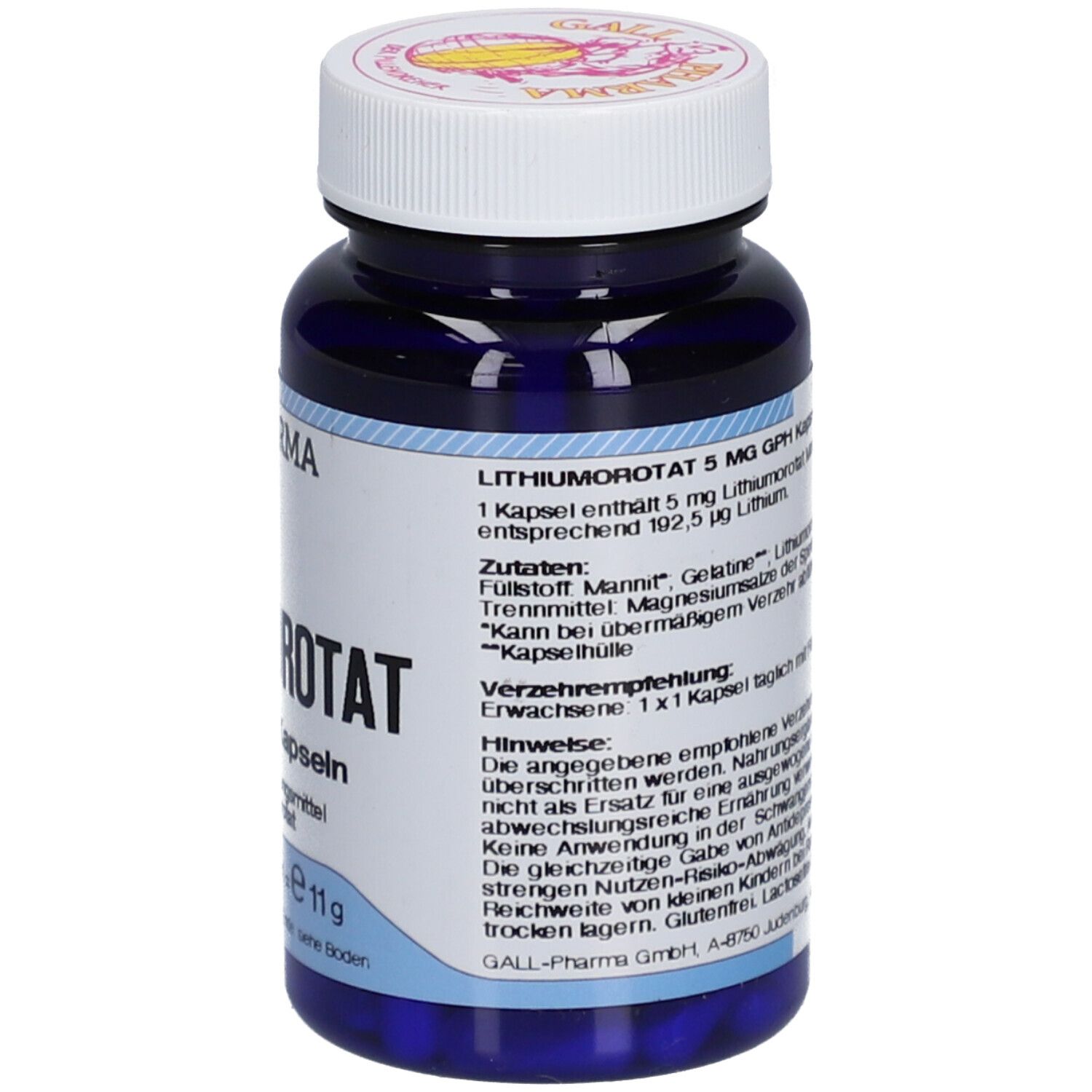 Blaue Flasche mit weißem Deckel. Aufschrift: GALL PHARMA, LITHIUMOROTAT 5 mg GPH Kapseln. Detailinformationen und Inhalt.