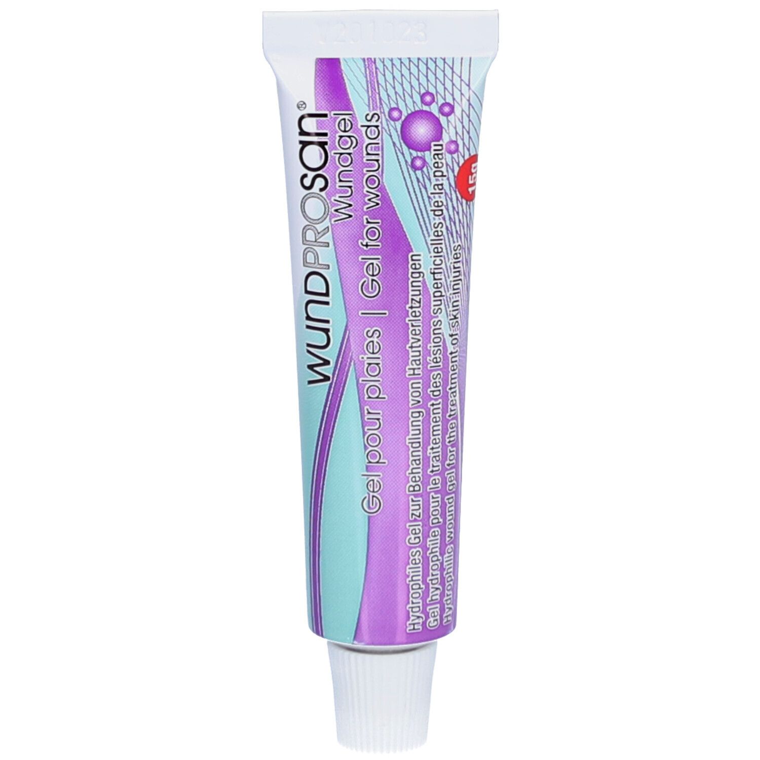 Tube mit Wundgel. Aufschrift: wundprosan® Wundgel. Gel für Wunden. Lila-weißes Design. Medizinprodukt.