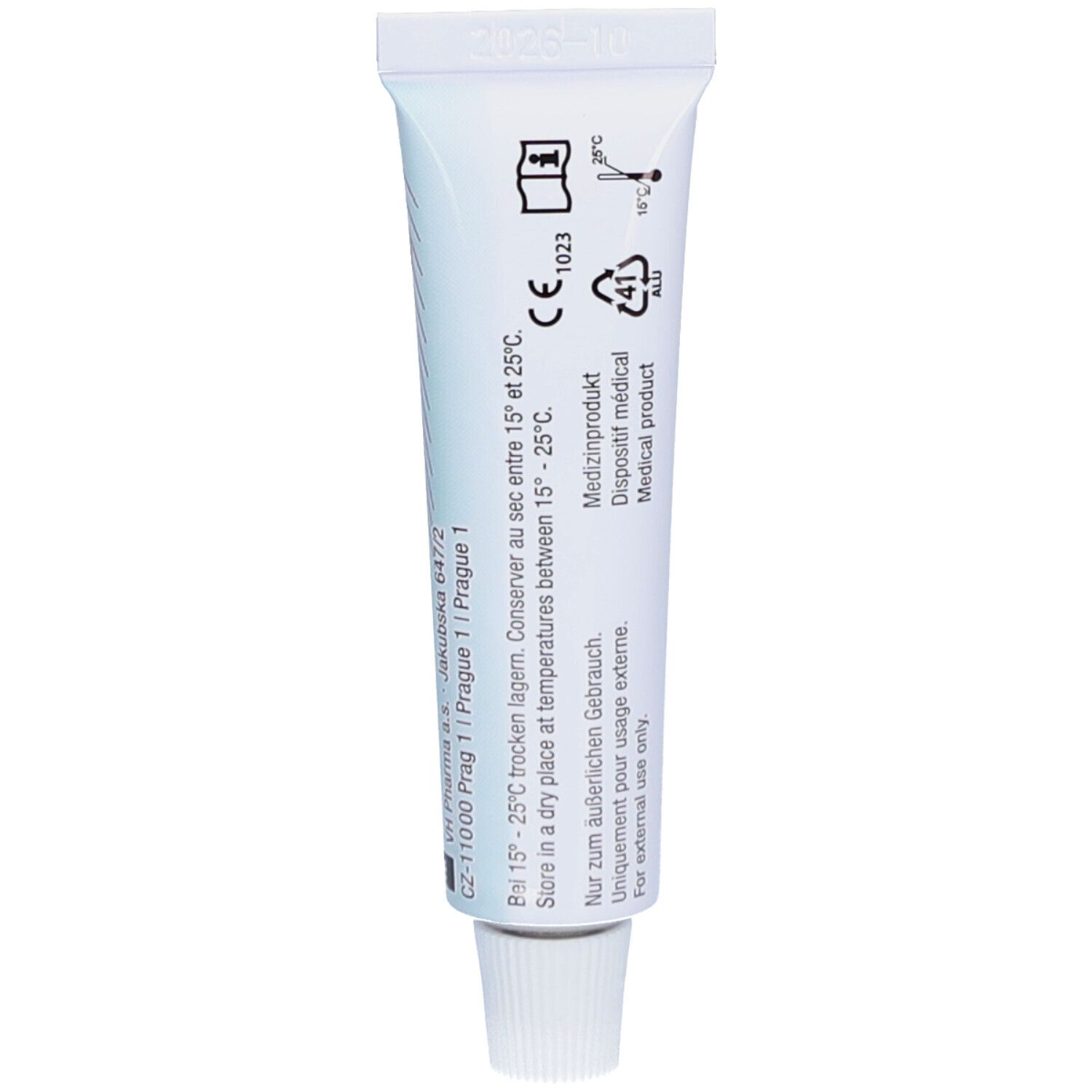 Rückseite einer Tube Wundgel. Informationen zu Lagerung und Gebrauch. Medizinprodukt. CE-Kennzeichnung.