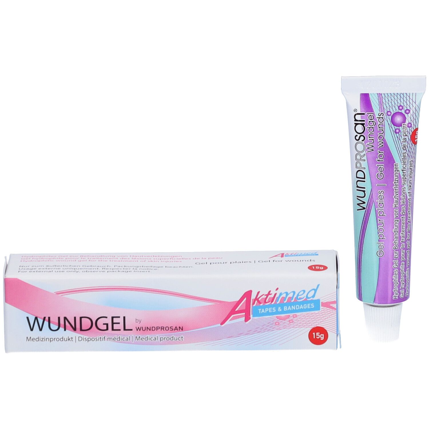Wundgel-Tube und Schachtel. Aufschrift: Wundgel, Aktimed. 15g. Medizinprodukt. Gel für Wunden. Weiß-rosa Design.