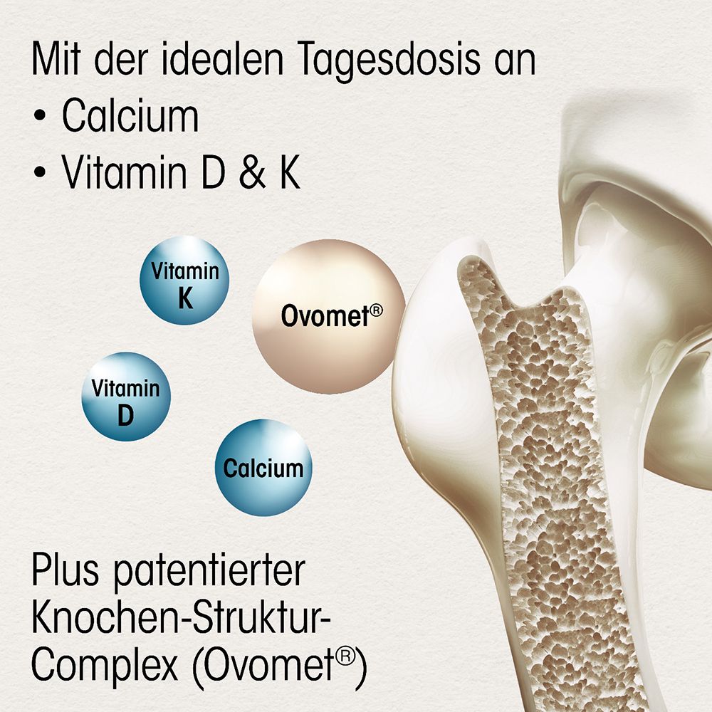 Graphique avec os et boules pour calcium, vitamine D & K et Ovomet. Plus complexe osseux breveté.