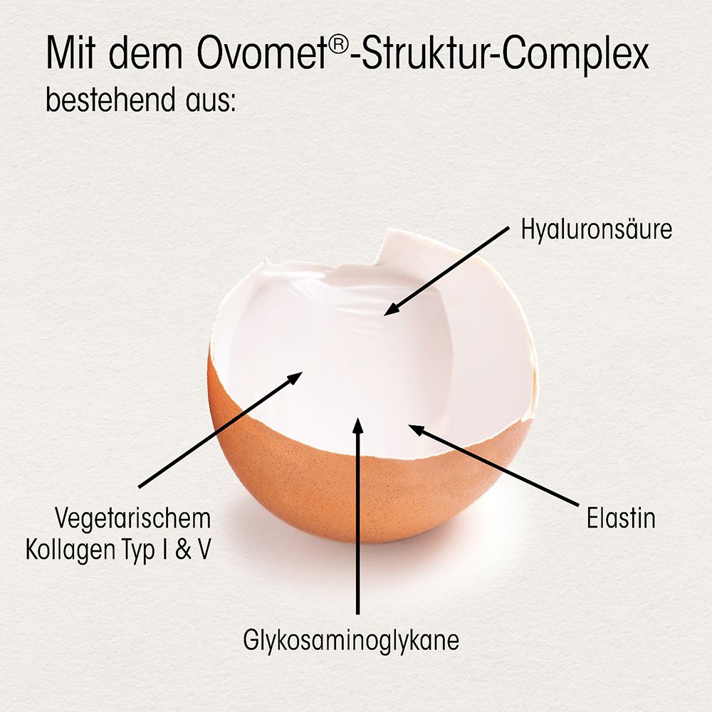 Graphique avec un œuf. Composants : acide hyaluronique, collagène végétal, élastine et glycosaminoglycanes.