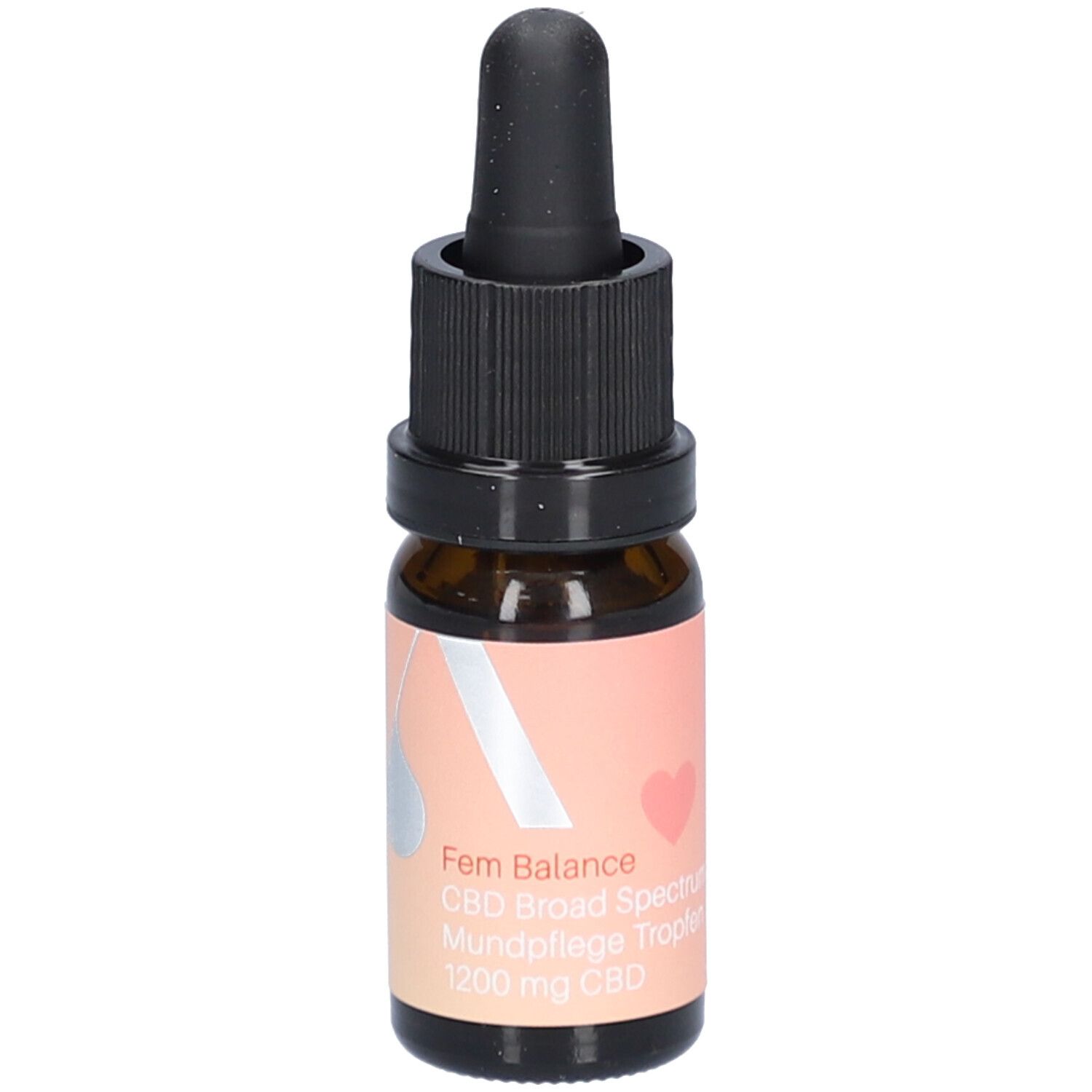 Braune Glasflasche mit schwarzem Tropfer. Aufkleber mit Text: Fem Balance, CBD Broad Spectrum, Mundpflege Tropfen, 1200 mg CBD.