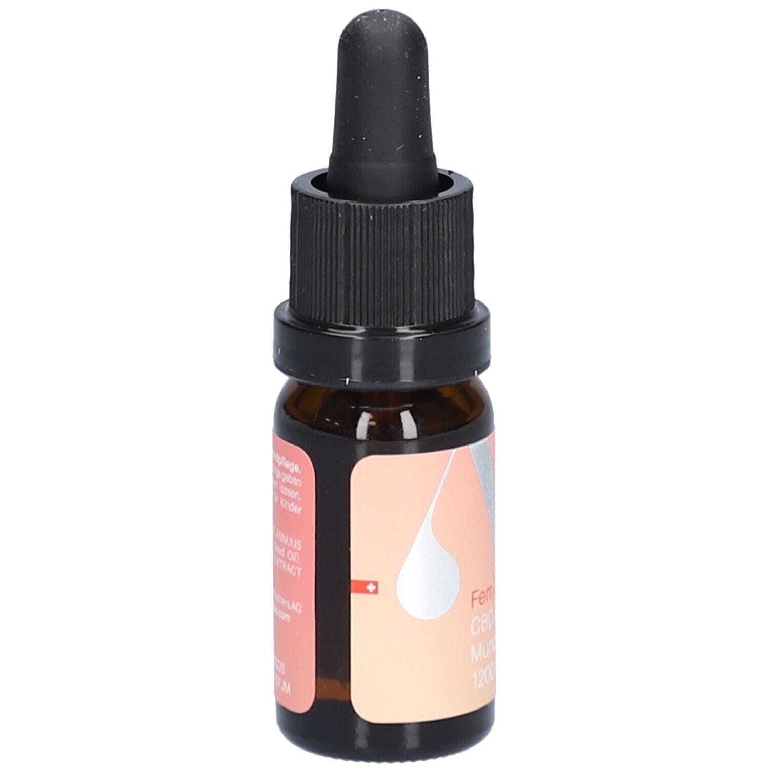 Braune Glasflasche mit schwarzem Tropfer. Aufkleber mit Text: Fem Balance, CBD Broad Spectrum, Mundpflege Tropfen, 1200 mg CBD.