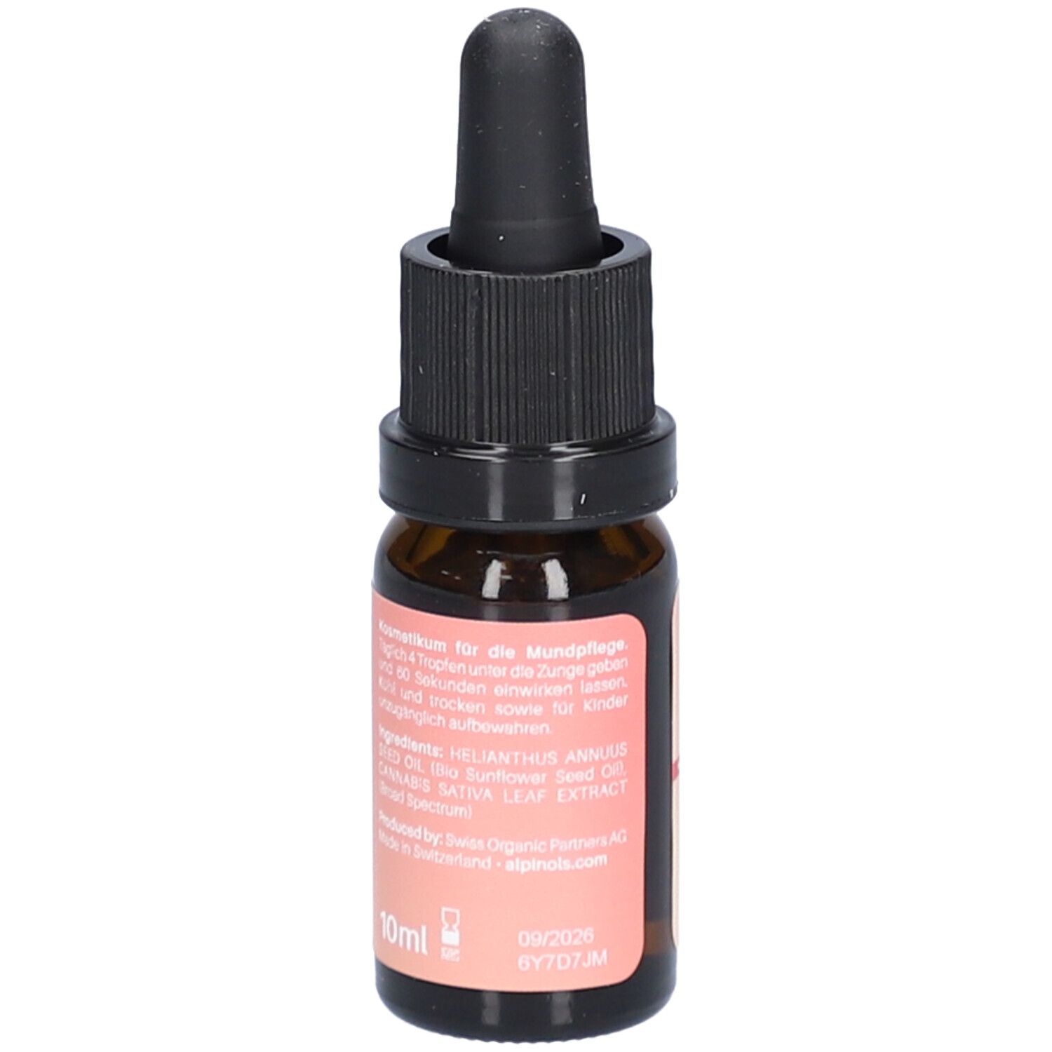 Braune Glasflasche mit schwarzem Tropfer. Aufkleber mit Text und Inhaltsstoffen. 10ml. Hergestellt in der Schweiz.