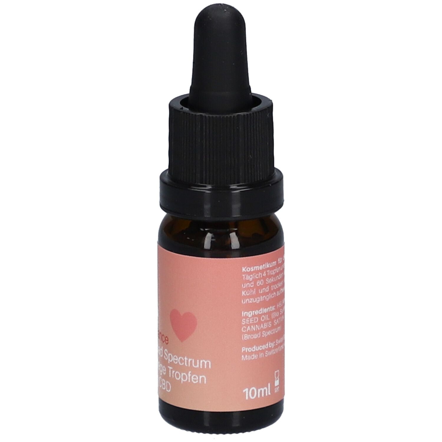 Braune Glasflasche mit schwarzem Tropfer. Aufkleber mit Text: Fem Balance, CBD Broad Spectrum, Mundpflege Tropfen, 10ml.