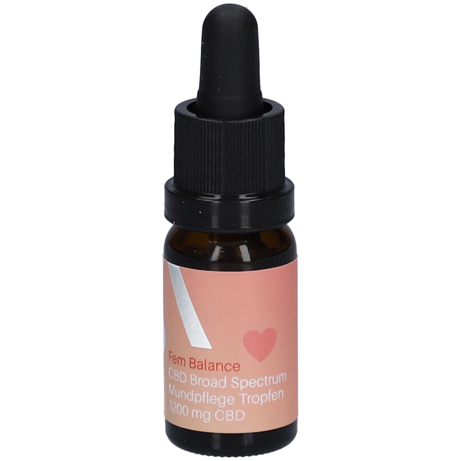 Braune Glasflasche mit schwarzem Tropfer. Aufkleber mit Text: Fem Balance, CBD Broad Spectrum, Mundpflege Tropfen, 1200 mg CBD.