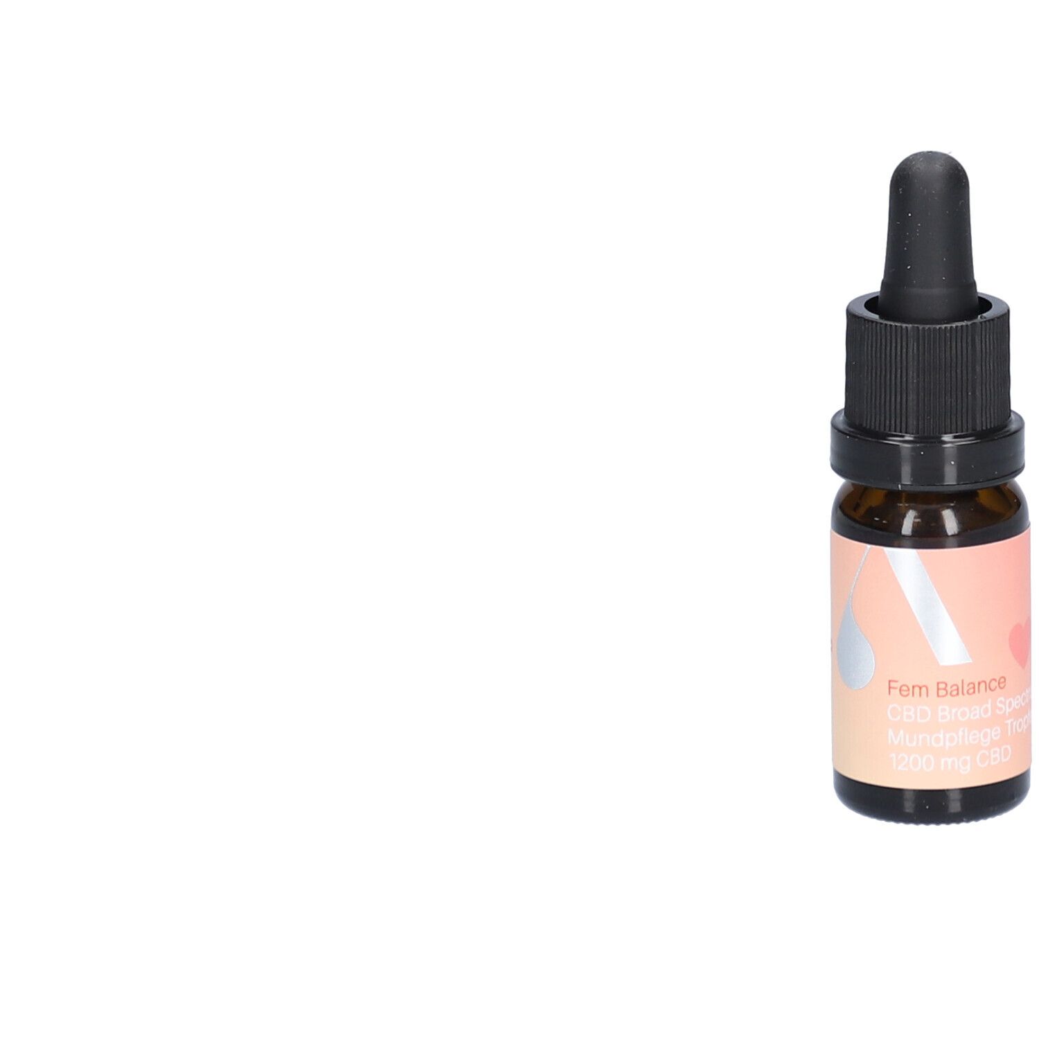 Braune Glasflasche mit schwarzem Tropfer. Aufkleber mit Text: Fem Balance, CBD Broad Spectrum, Mundpflege Tropfen, 1200 mg CBD.