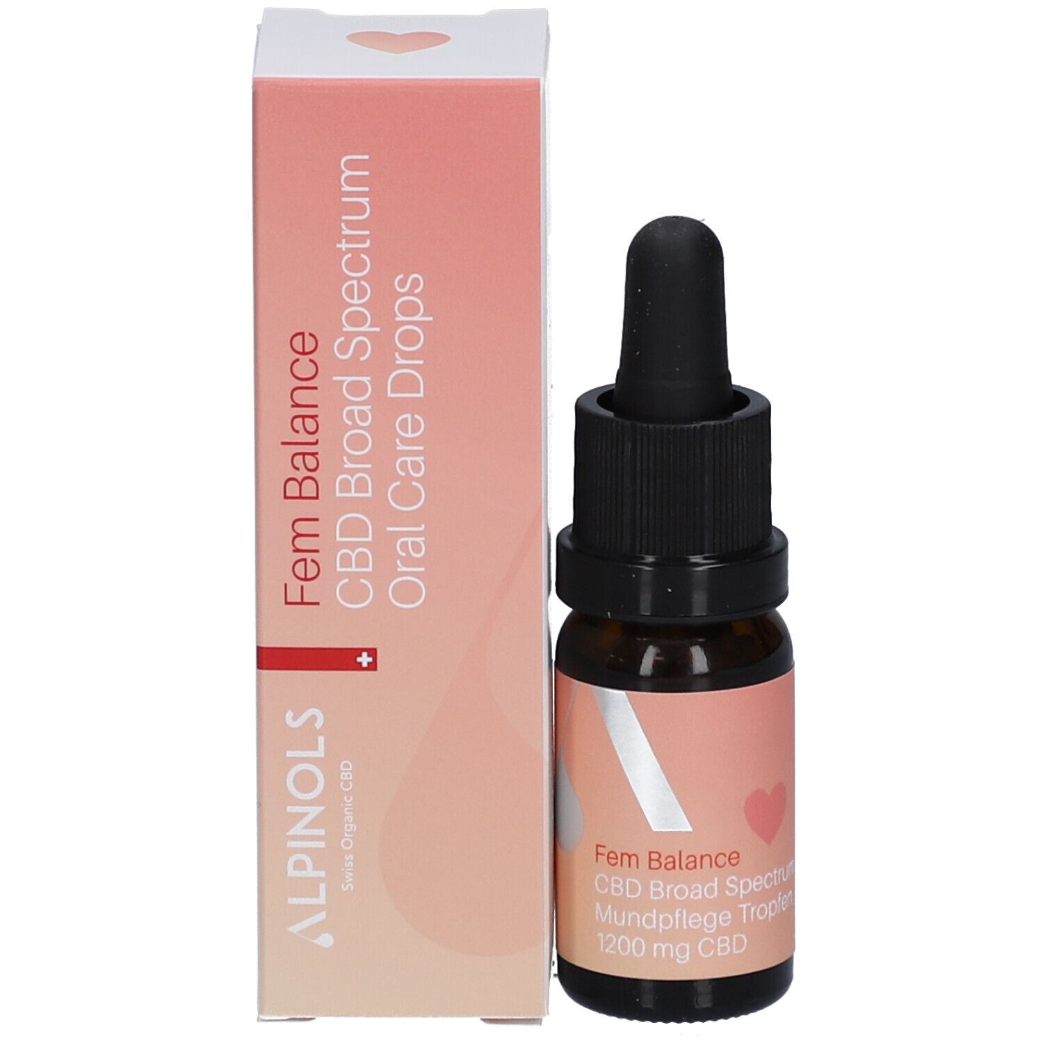 Braune Glasflasche mit Tropfer und Verpackung. Verpackung mit Text: ALPINOLS, Fem Balance, CBD Broad Spectrum, Oral Care Drops.