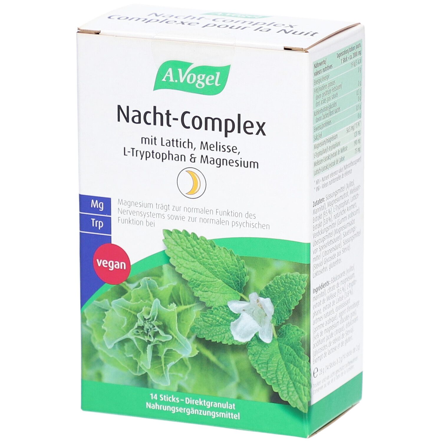 Schachtel mit A.Vogel Nacht-Complex. Enthält Lattich, Melisse, L-Tryptophan & Magnesium. Vegan-Siegel. 14 Sticks.