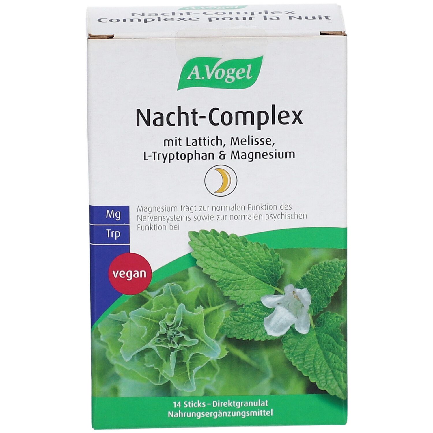 A.Vogel Nacht-Complex Schachtel. Enthält Lattich, Melisse, L-Tryptophan & Magnesium. Vegan-Siegel. 14 Sticks.