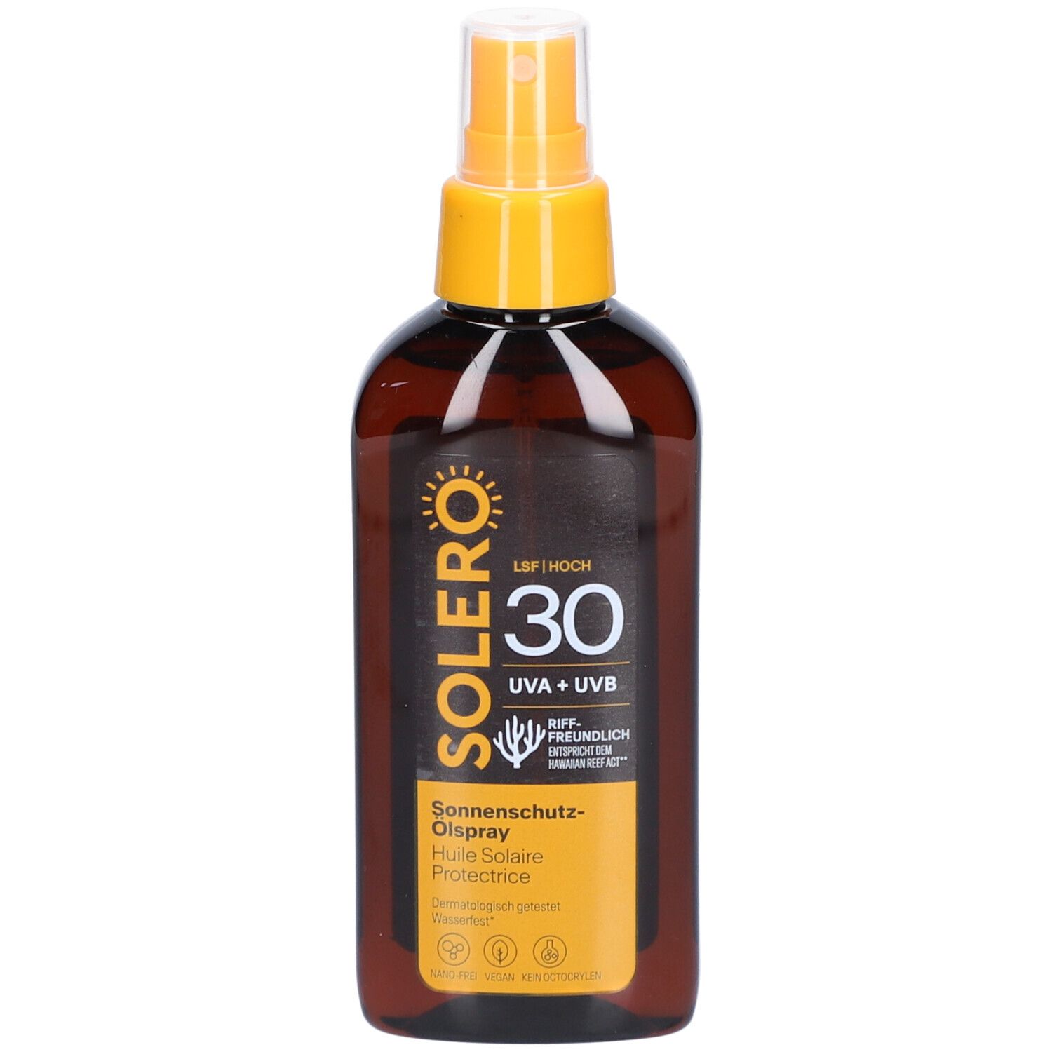 Braune Flasche mit gelbem Sprühkopf. Aufschrift SOLERO, LSF 30, Sonnenschutz-Ölspray. UVA+UVB.