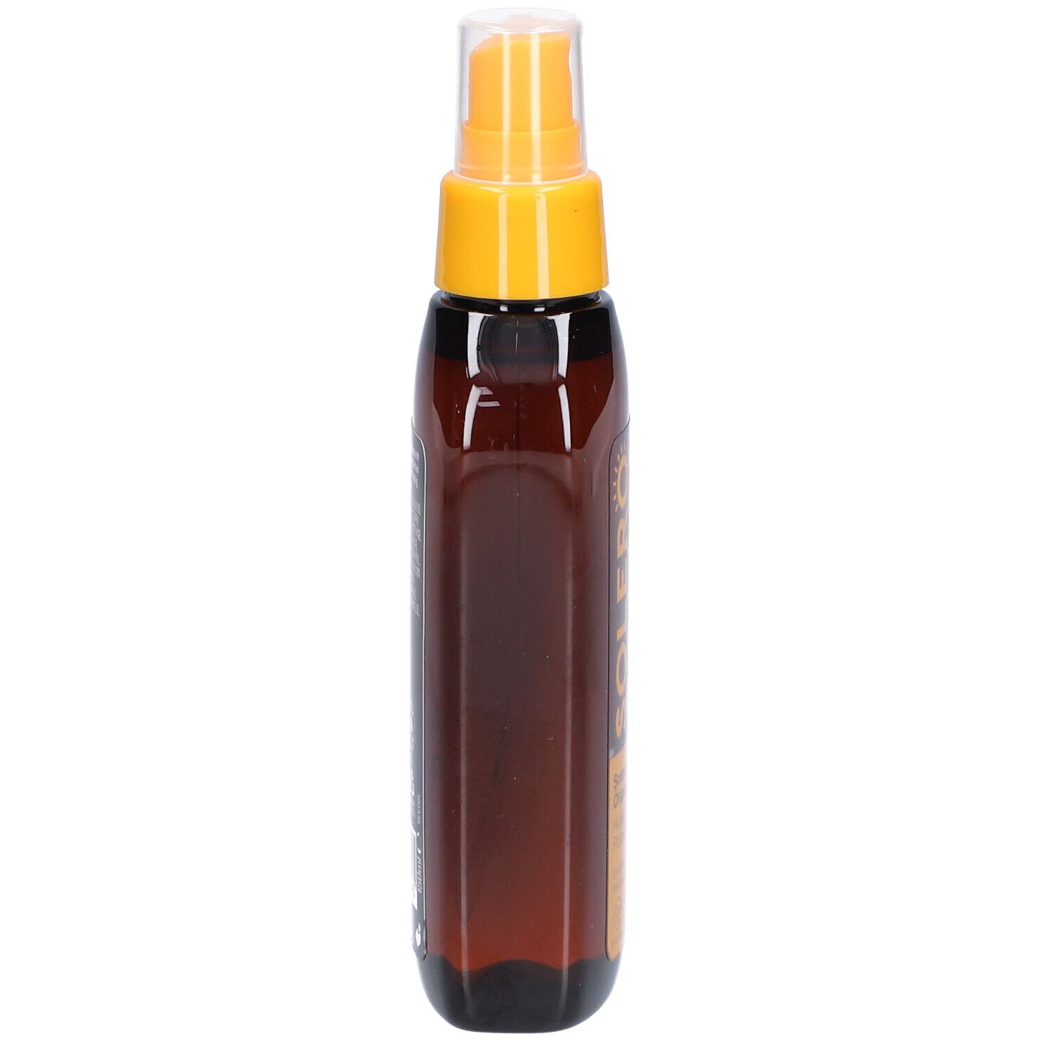 Braune Flasche mit gelbem Sprühkopf. Seitenansicht. Aufschrift nicht lesbar.