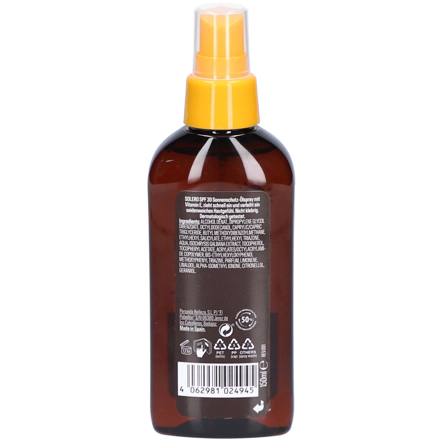 Rückseite der braunen Flasche. Text mit Inhaltsstoffen und Herstellerinformationen. Recycling-Symbole.