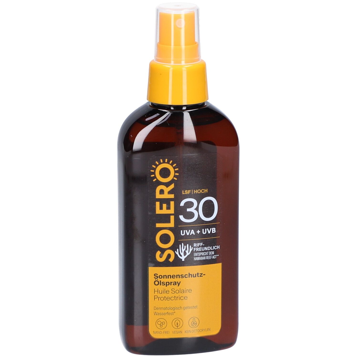 Braune Flasche mit gelbem Sprühkopf. Aufschrift SOLERO, LSF 30, Sonnenschutz-Ölspray. UVA+UVB.