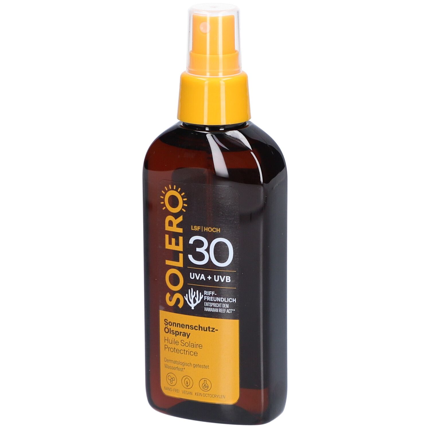 Braune Flasche mit gelbem Sprühkopf. Aufschrift SOLERO, LSF 30, Sonnenschutz-Ölspray. UVA+UVB.