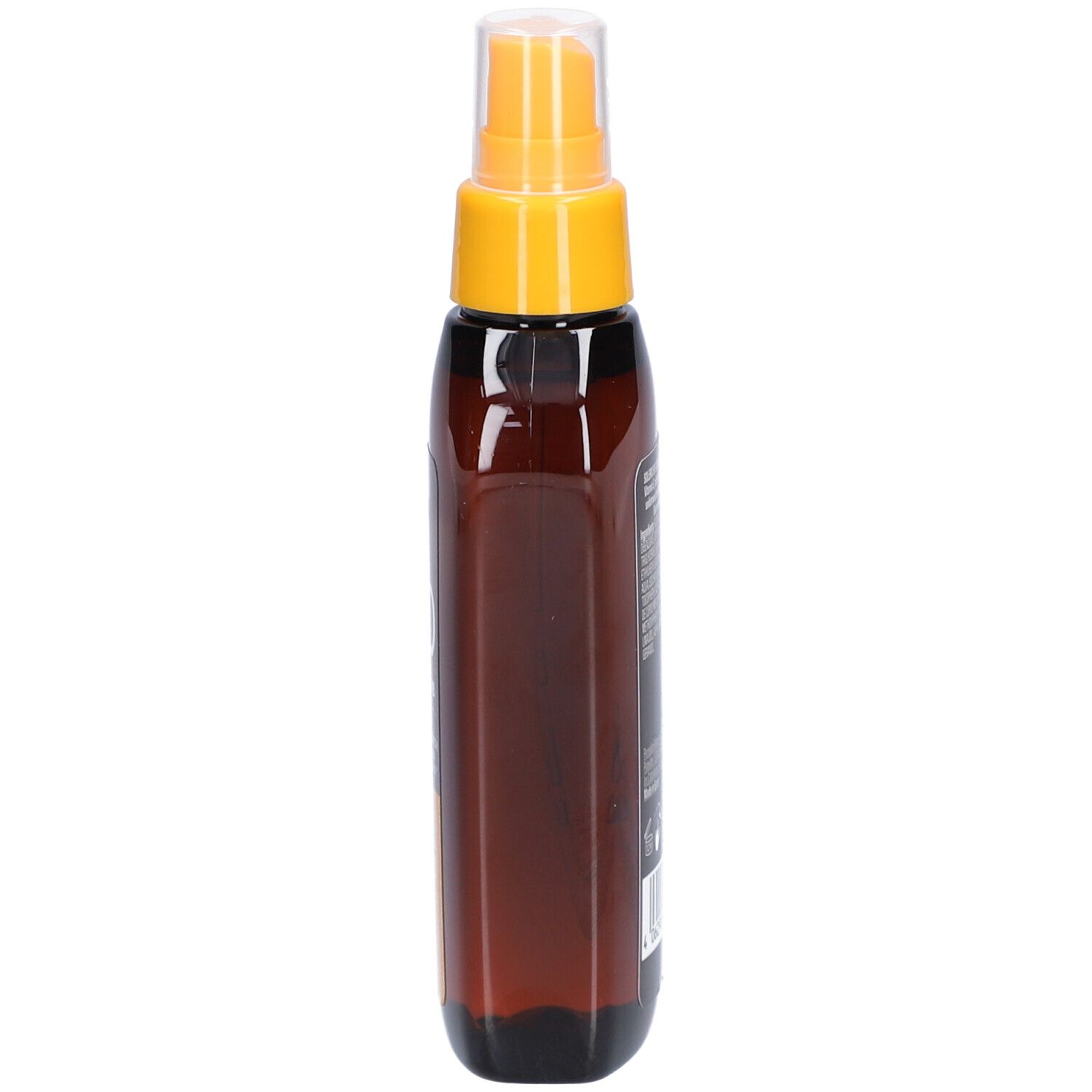 Braune Flasche mit gelbem Sprühkopf. Seitenansicht. Aufschrift nicht lesbar.