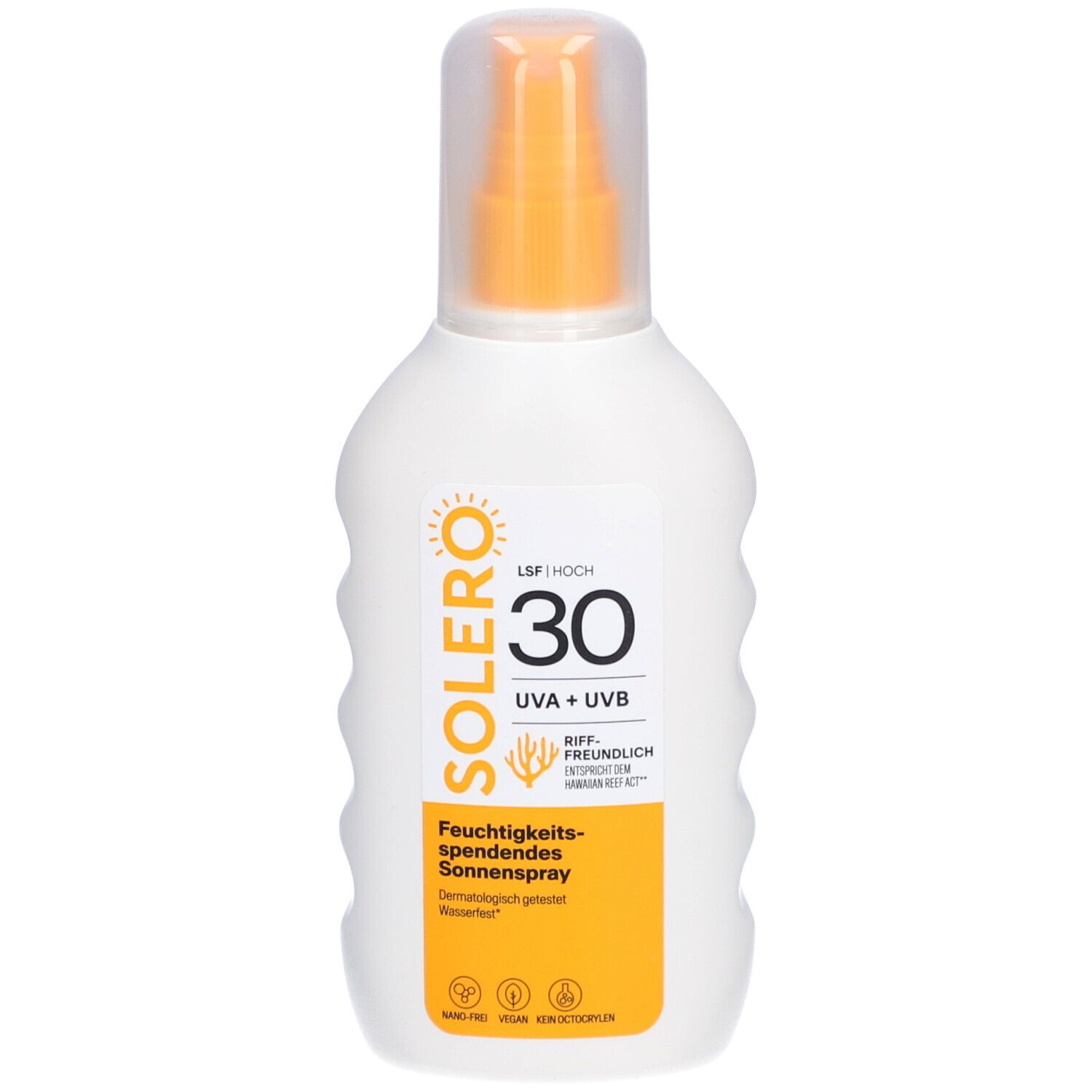 Weiße Sprühflasche mit orangefarbenem Sprühkopf. Aufkleber mit Produktinformationen: SOLERO, LSF 30, UVA+UVB, Feuchtigkeitsspendendes Sonnenspray.