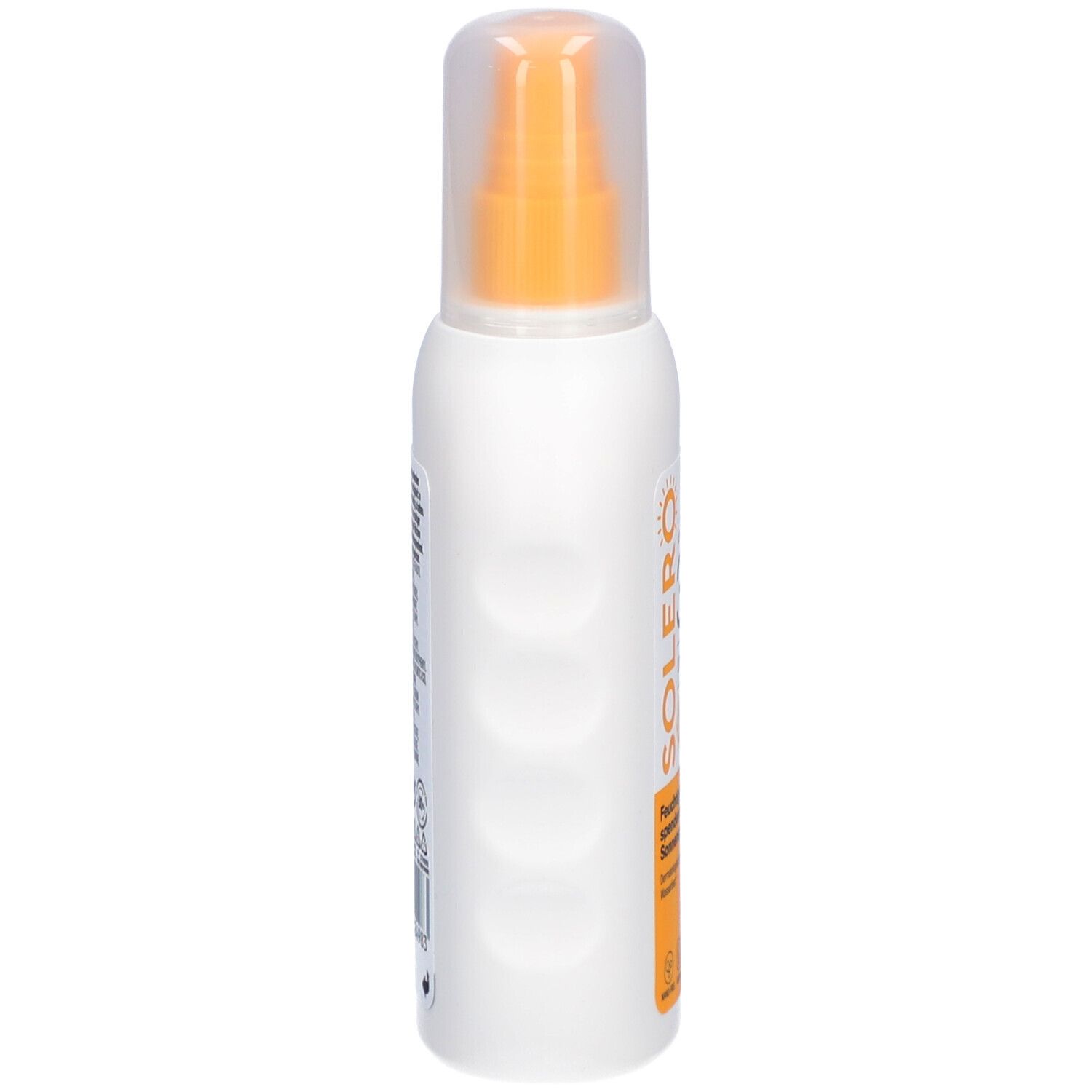 Weiße Sprühflasche mit orangefarbenem Sprühkopf. Seitliche Ansicht mit erhabenen Punkten. Text auf der Seite.