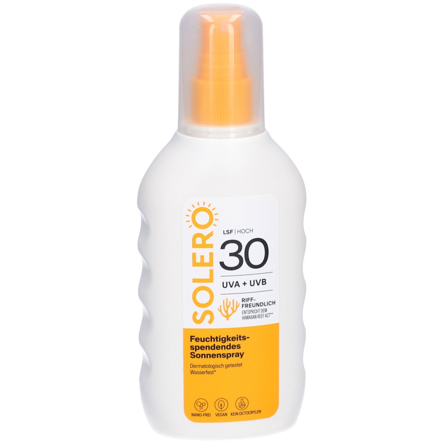 Weiße Sprühflasche mit orangefarbenem Sprühkopf. Aufkleber mit Produktinformationen: SOLERO, LSF 30, UVA+UVB, Feuchtigkeitsspendendes Sonnenspray.